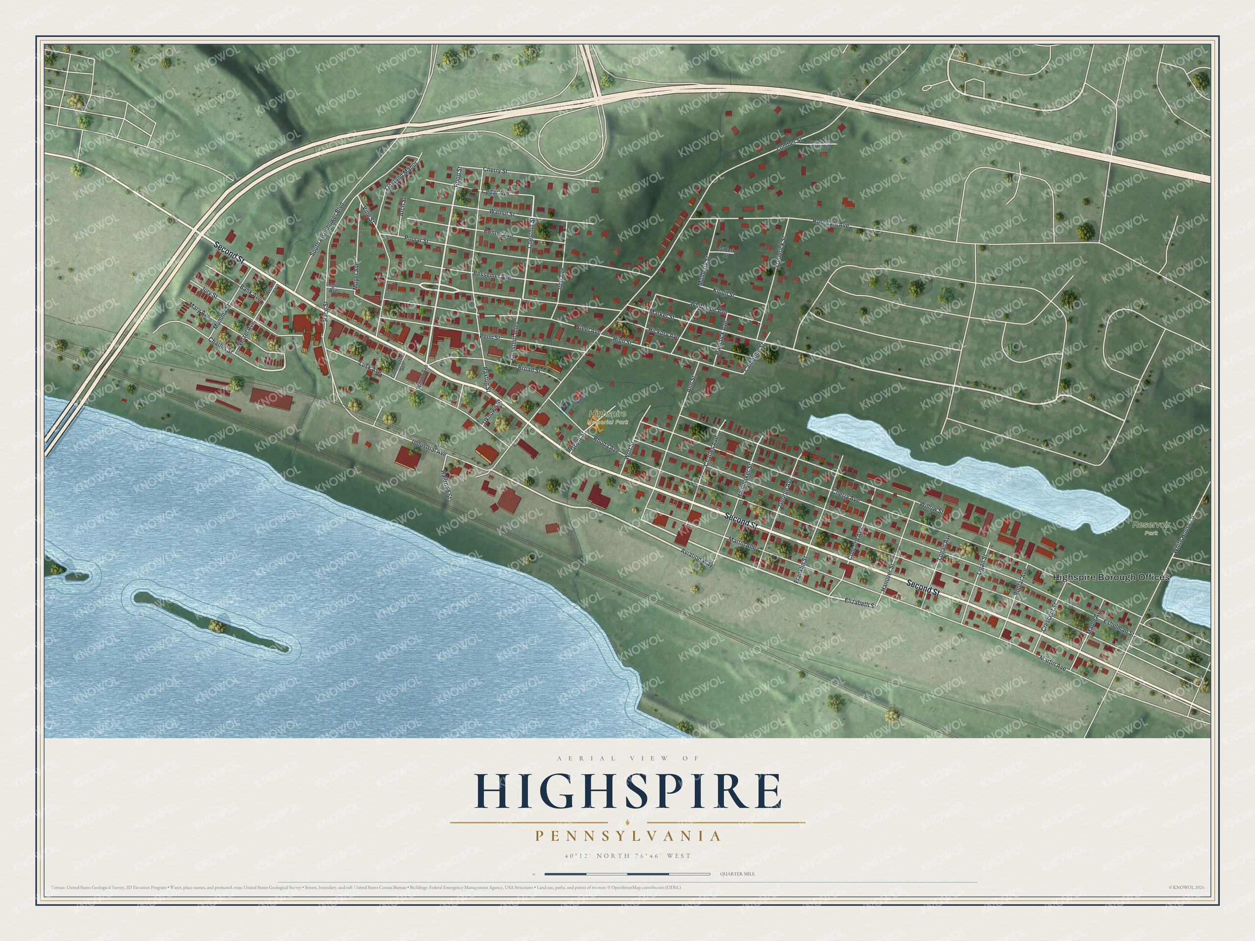 Full map of Highspire, Pennsylvania, with red buildings, printed street names and the land around them