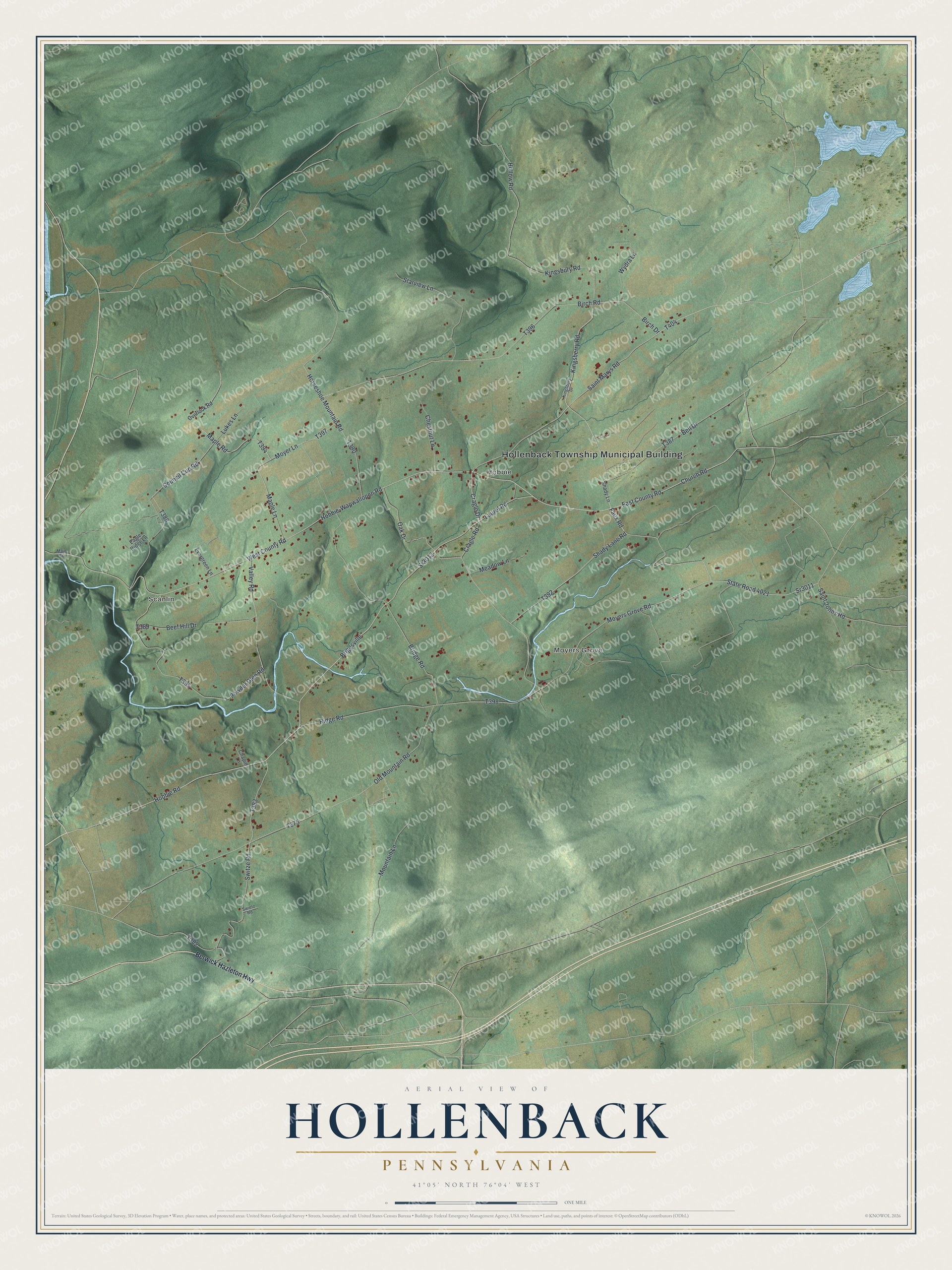 Full map of Hollenback, Pennsylvania, with red buildings, printed street names and the land around them
