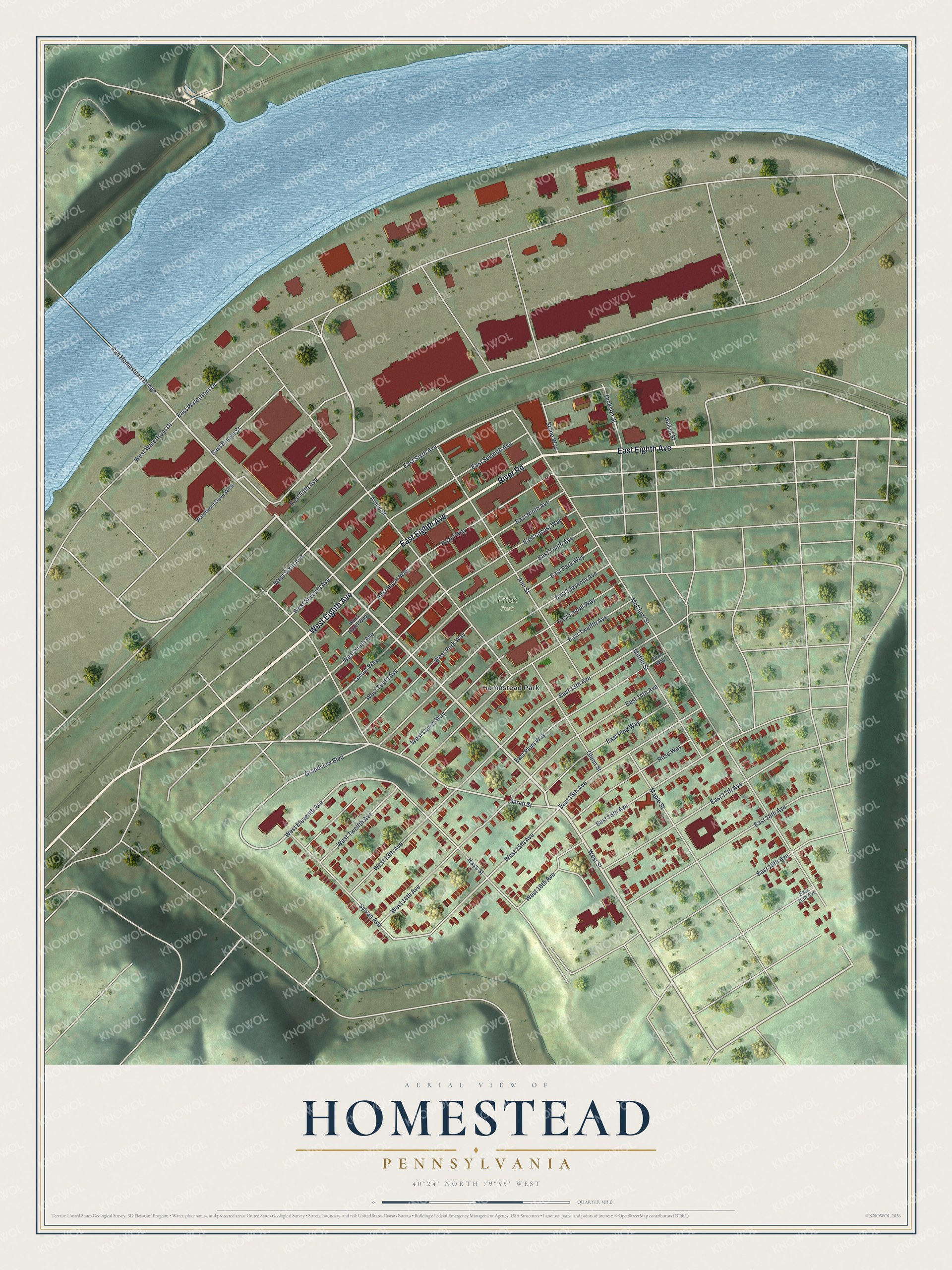 Full map of Homestead, Pennsylvania, with red buildings, printed street names and the land around them