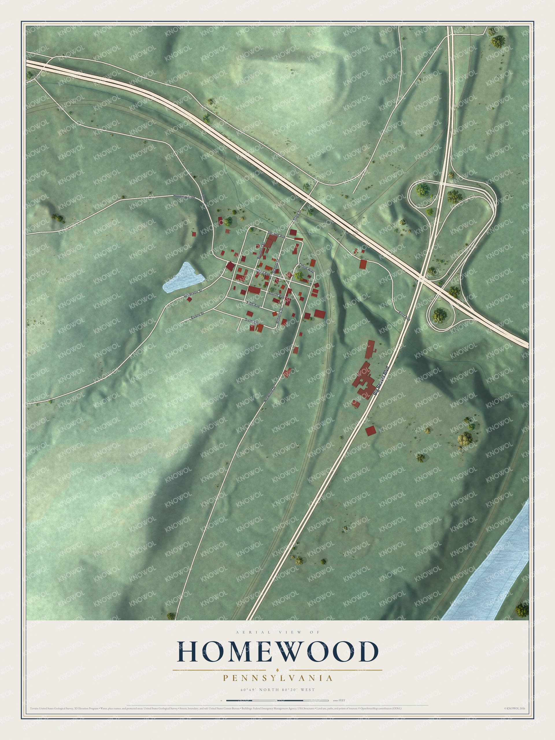 Full map of Homewood, Pennsylvania, with red buildings, printed street names and the land around them