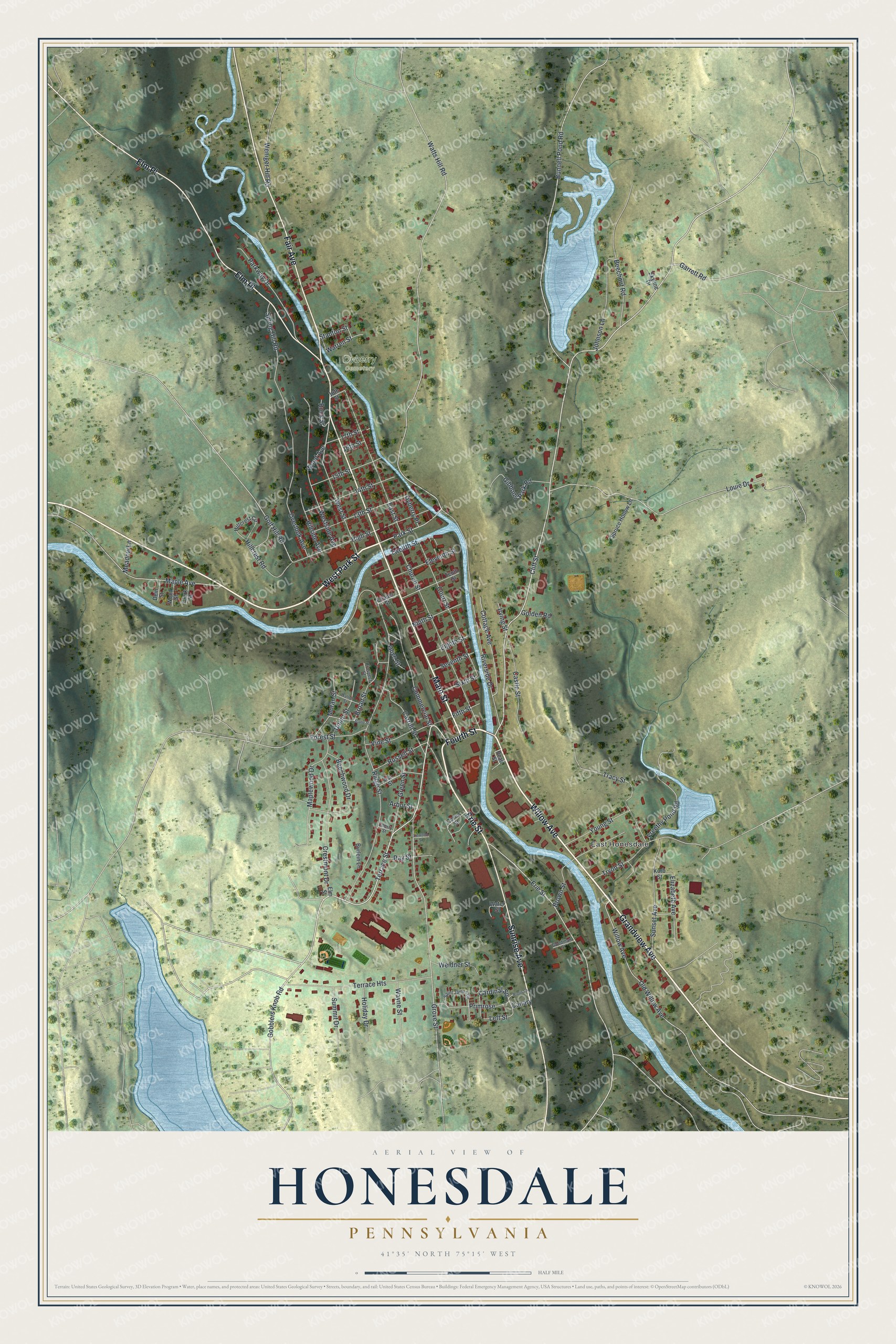 Full map of Honesdale, Pennsylvania, with red buildings, printed street names and the land around them