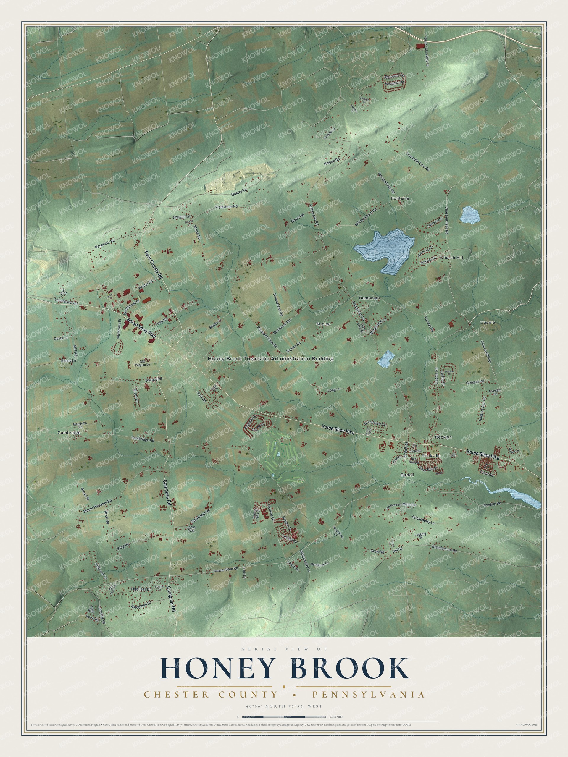Full map of Honey Brook Township, Pennsylvania, with red buildings, printed street names and the land around them
