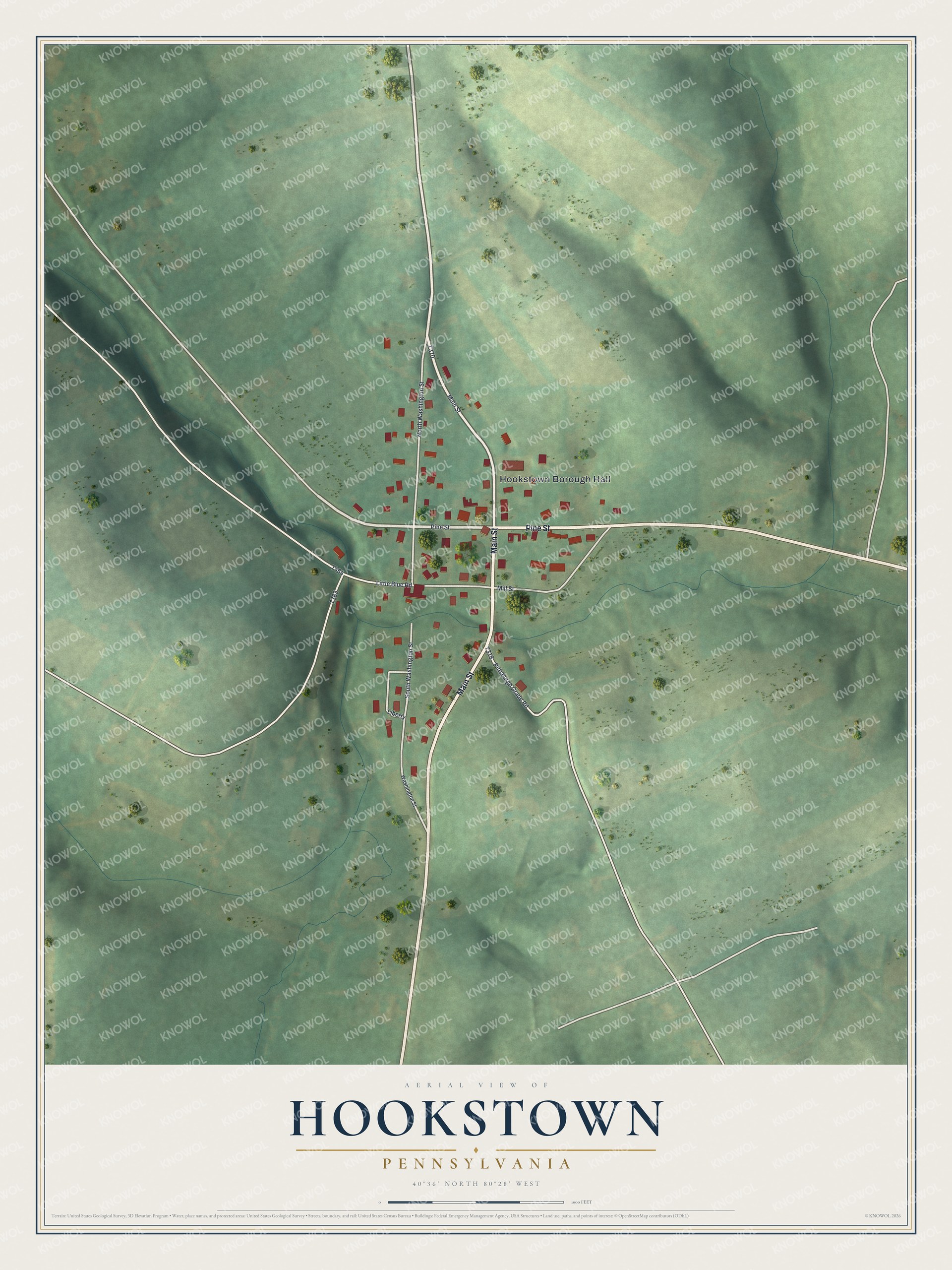 Full map of Hookstown, Pennsylvania, with red buildings, printed street names and the land around them