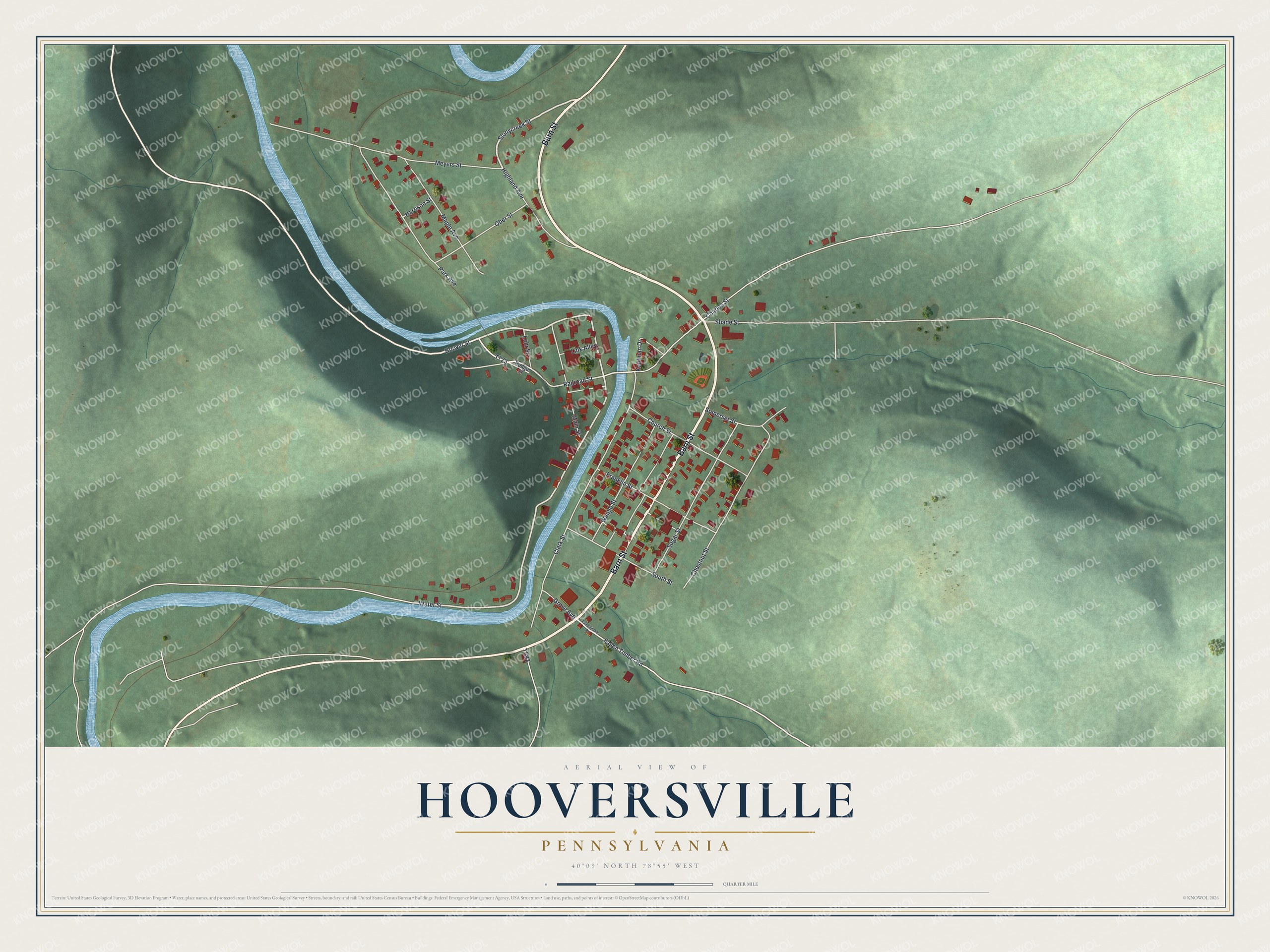 Full map of Hooversville, Pennsylvania, with red buildings, printed street names and the land around them