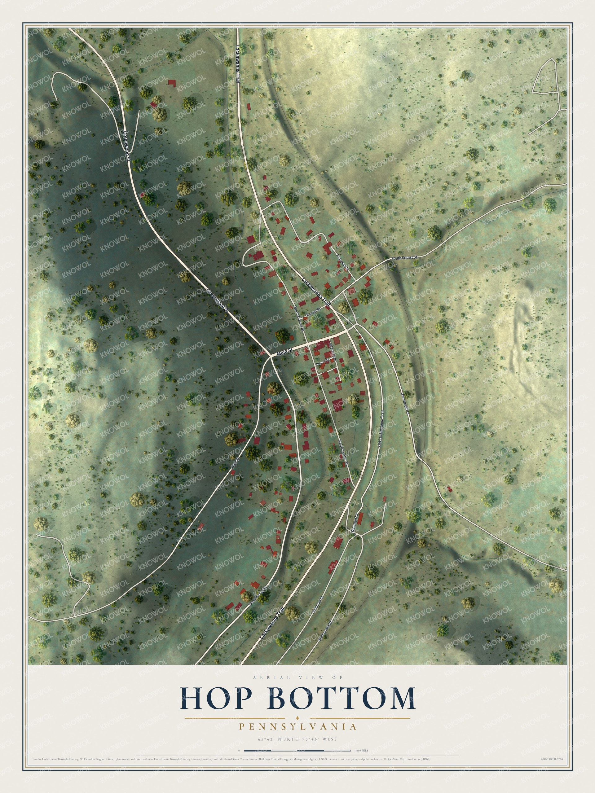 Full map of Hop Bottom, Pennsylvania, with red buildings, printed street names and the land around them