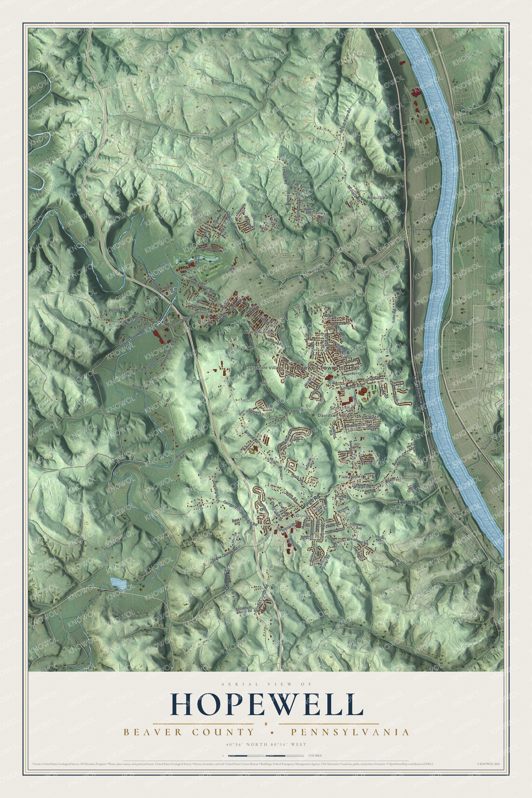 Full map of Hopewell, Beaver County, Pennsylvania, with red buildings, printed street names and the land around them