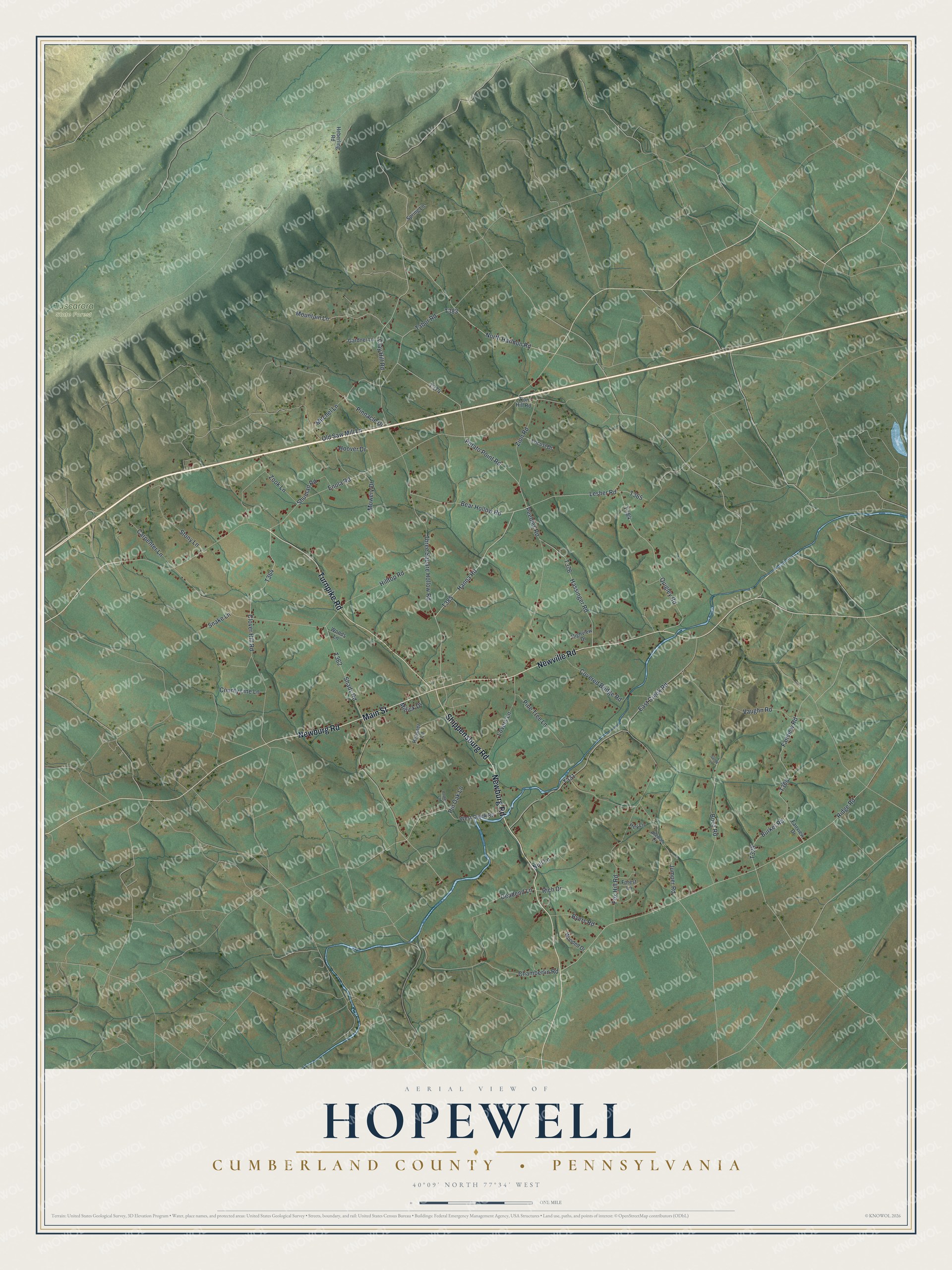 Full map of Hopewell, Cumberland County, Pennsylvania, with red buildings, printed street names and the land around them