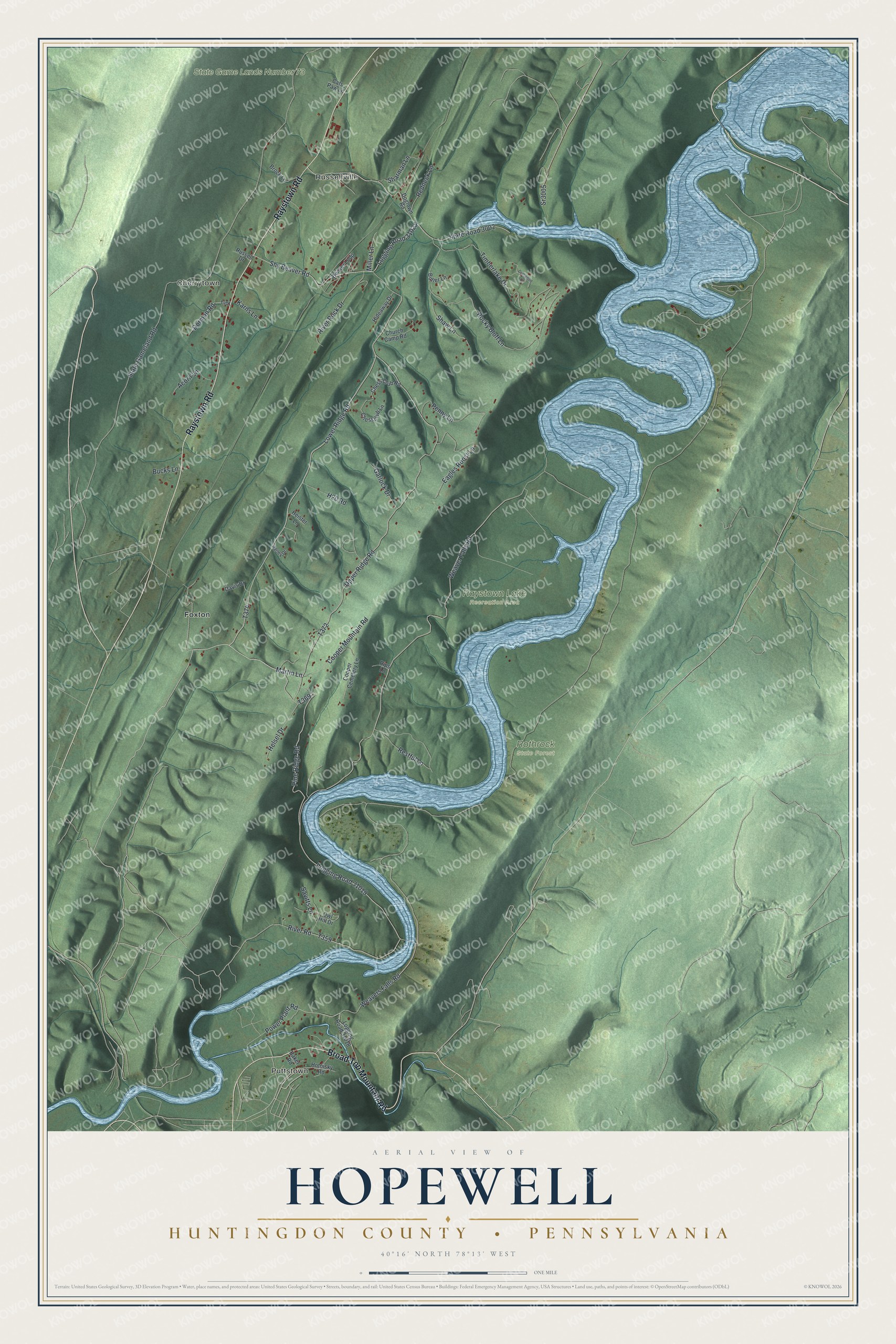 Full map of Hopewell, Huntingdon County, Pennsylvania, with red buildings, printed street names and the land around them