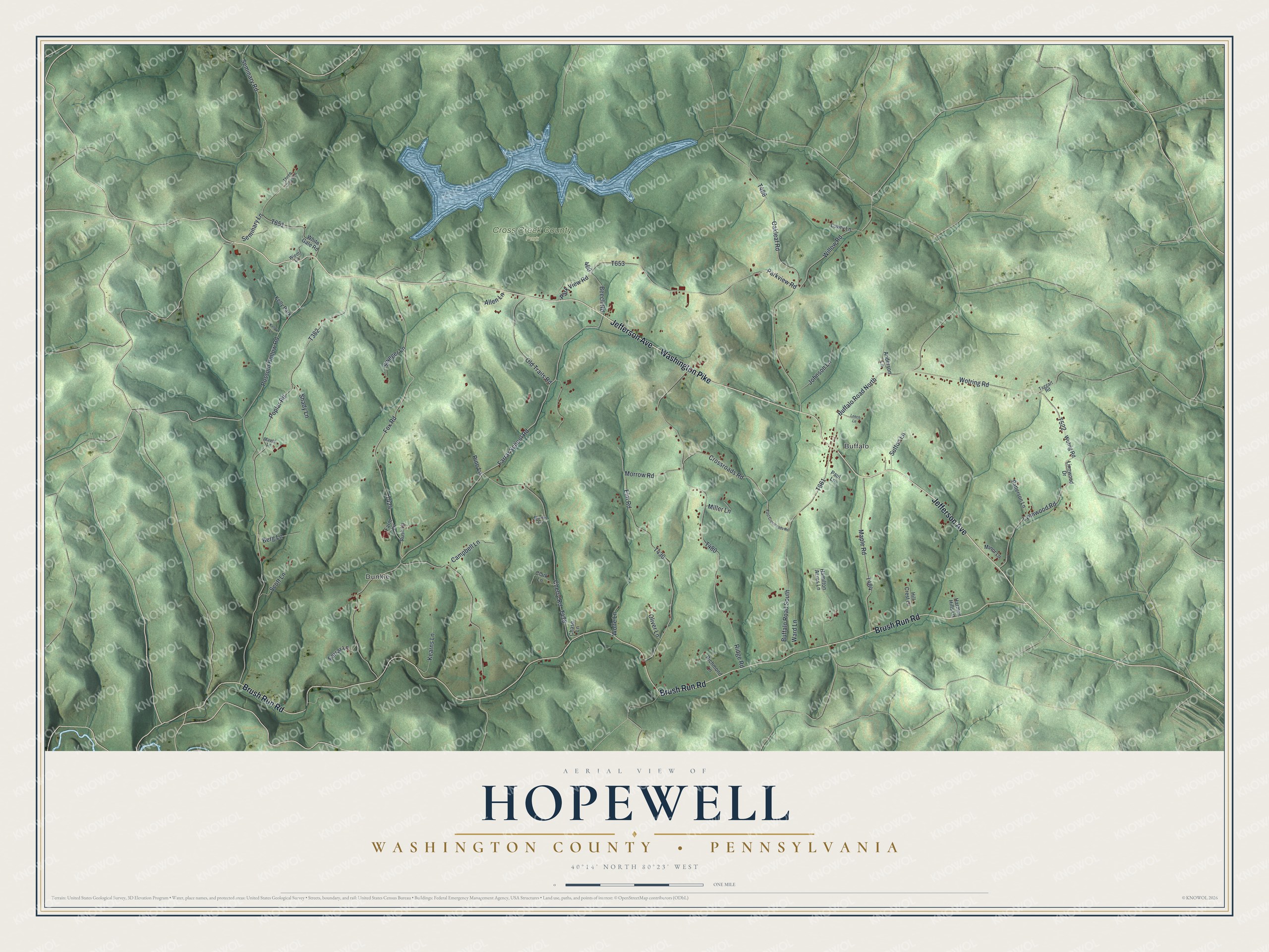 Full map of Hopewell, Washington County, Pennsylvania, with red buildings, printed street names and the land around them