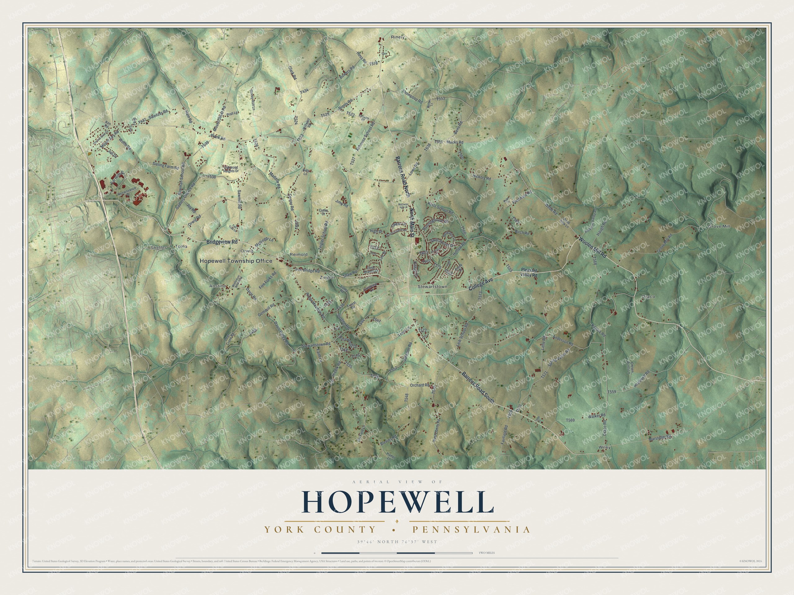 Full map of Hopewell, York County, Pennsylvania, with red buildings, printed street names and the land around them