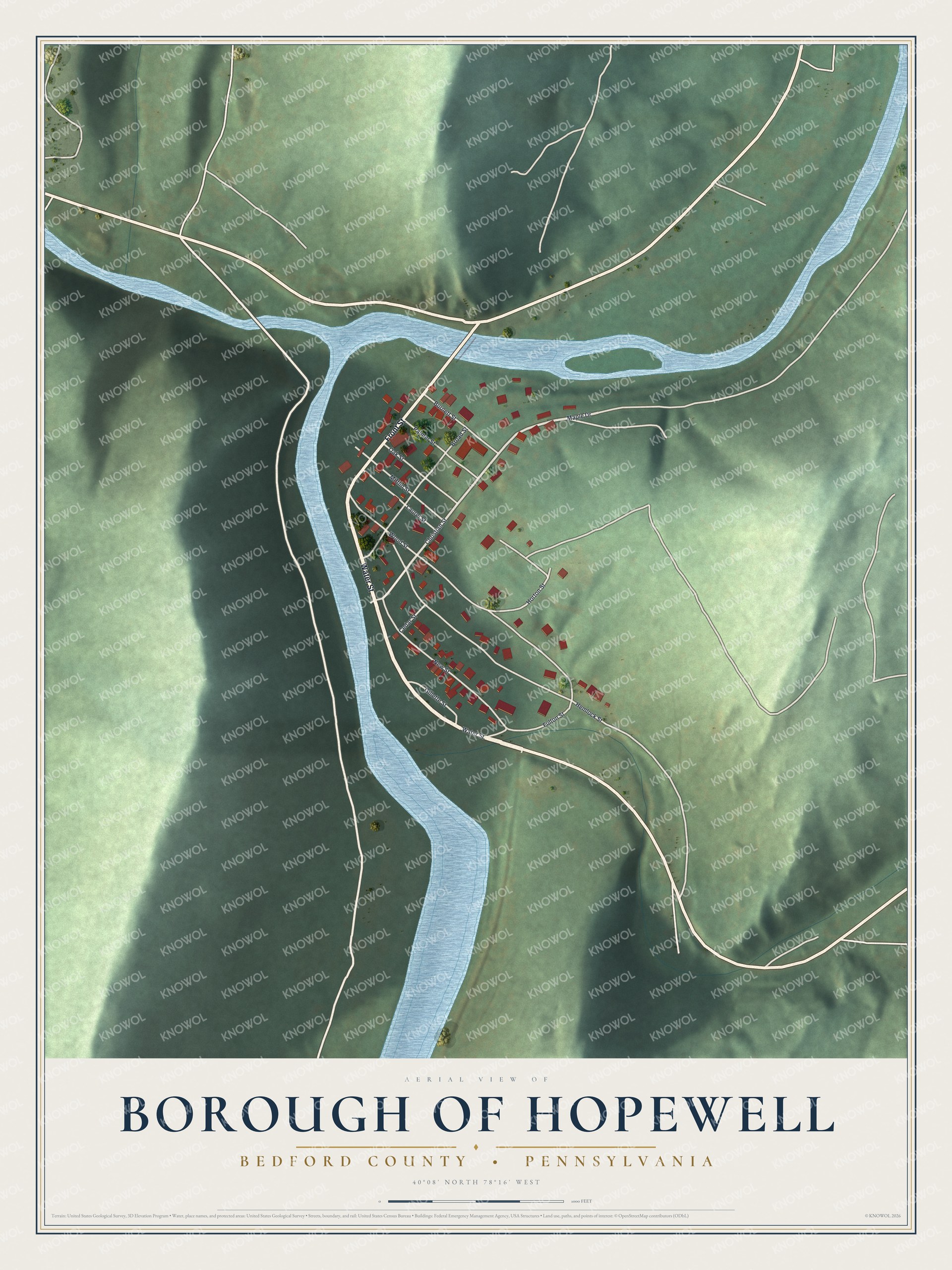 Full map of Hopewell Borough, Bedford County, Pennsylvania, with red buildings, printed street names and the land around them
