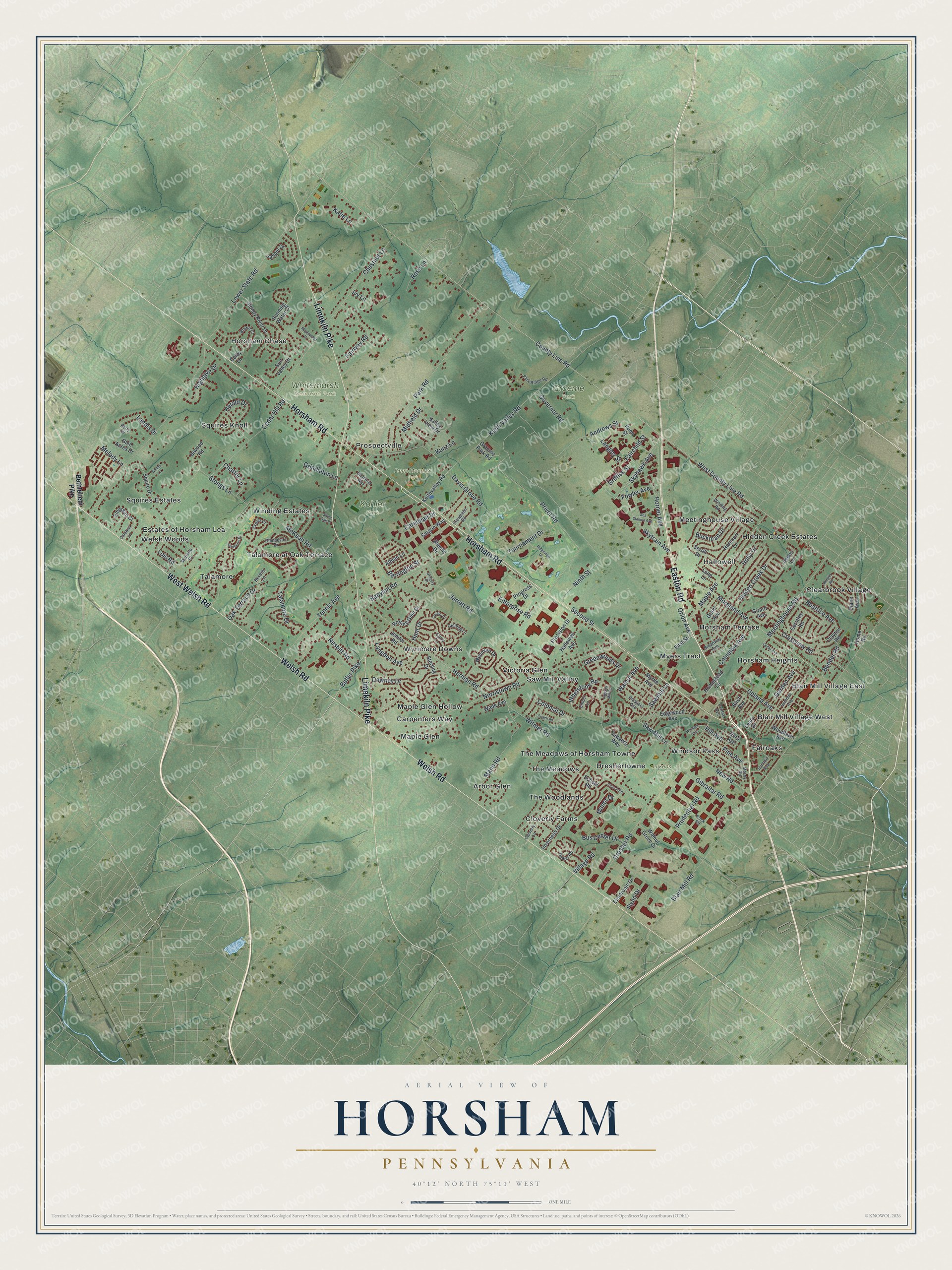Full map of Horsham, Pennsylvania, with red buildings, printed street names and the land around them