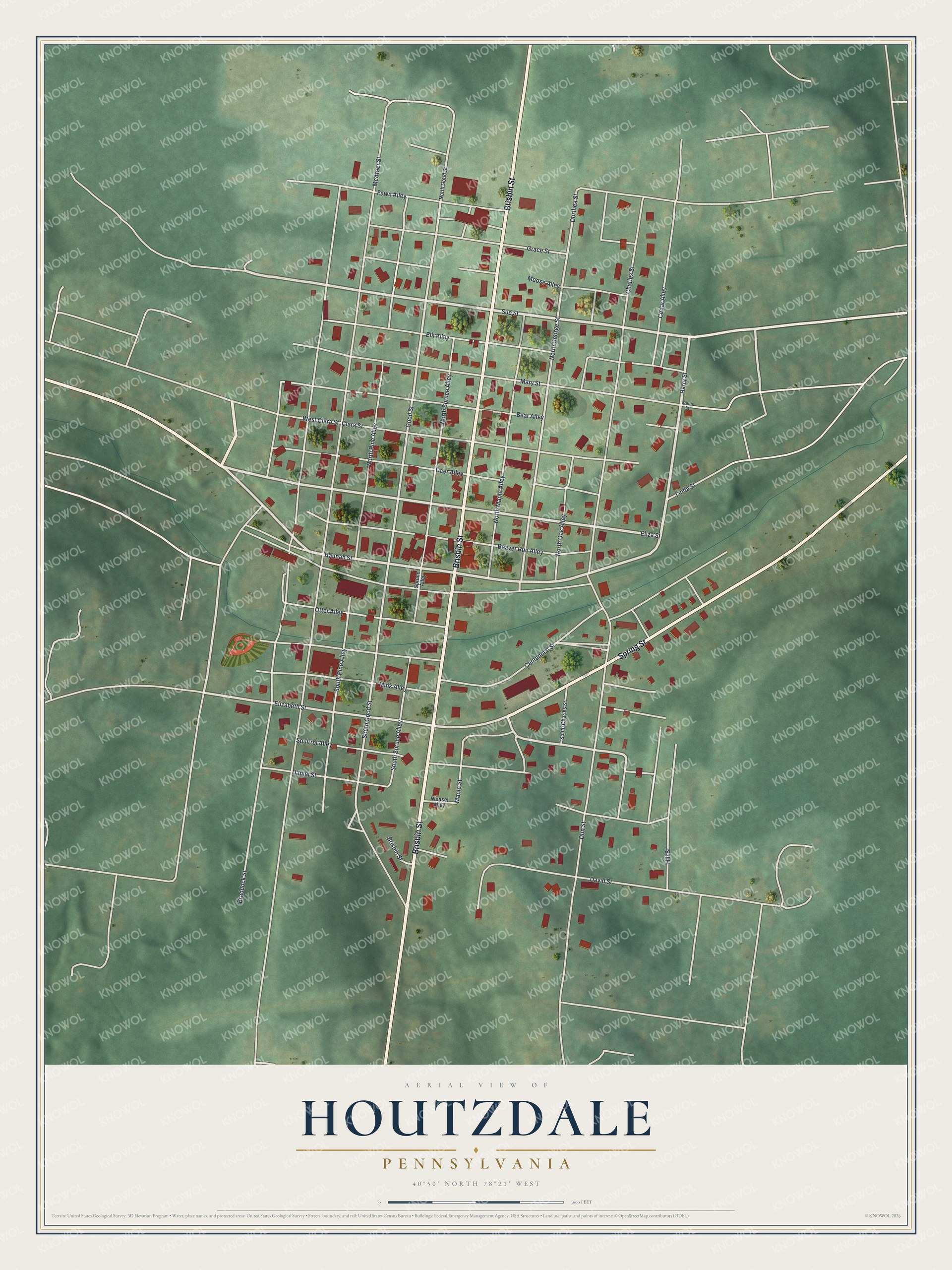 Full map of Houtzdale, Pennsylvania, with red buildings, printed street names and the land around them
