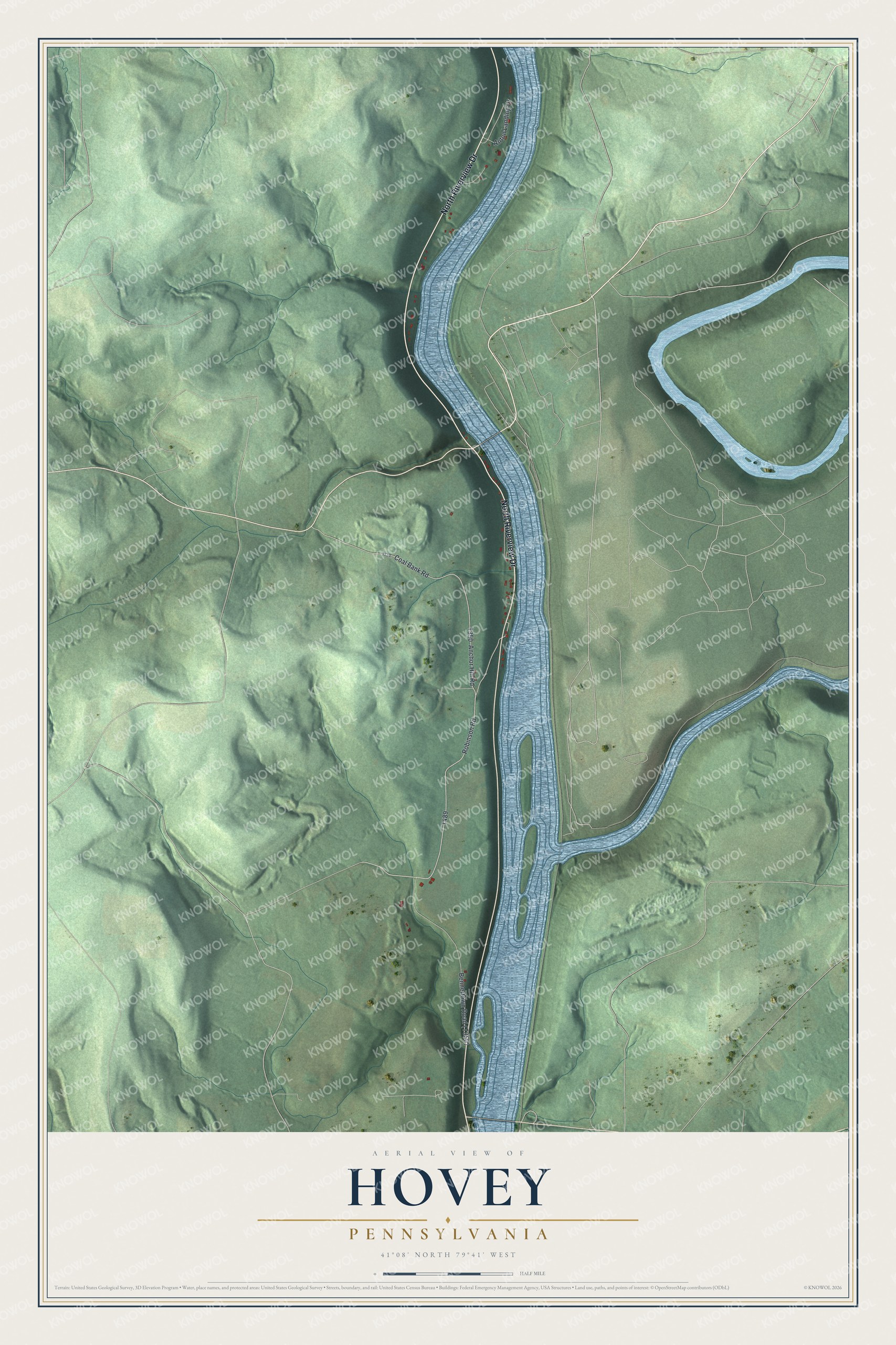 Full map of Hovey, Pennsylvania, with red buildings, printed street names and the land around them