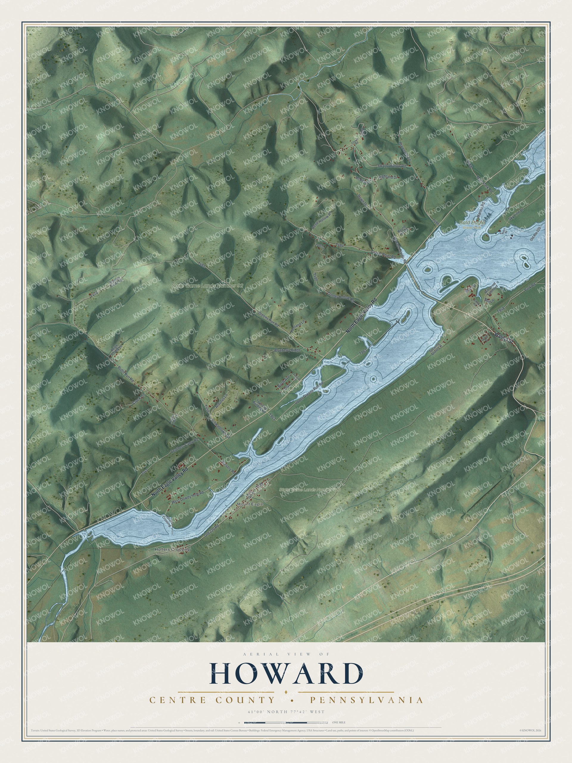 Full map of Howard Township, Pennsylvania, with red buildings, printed street names and the land around them