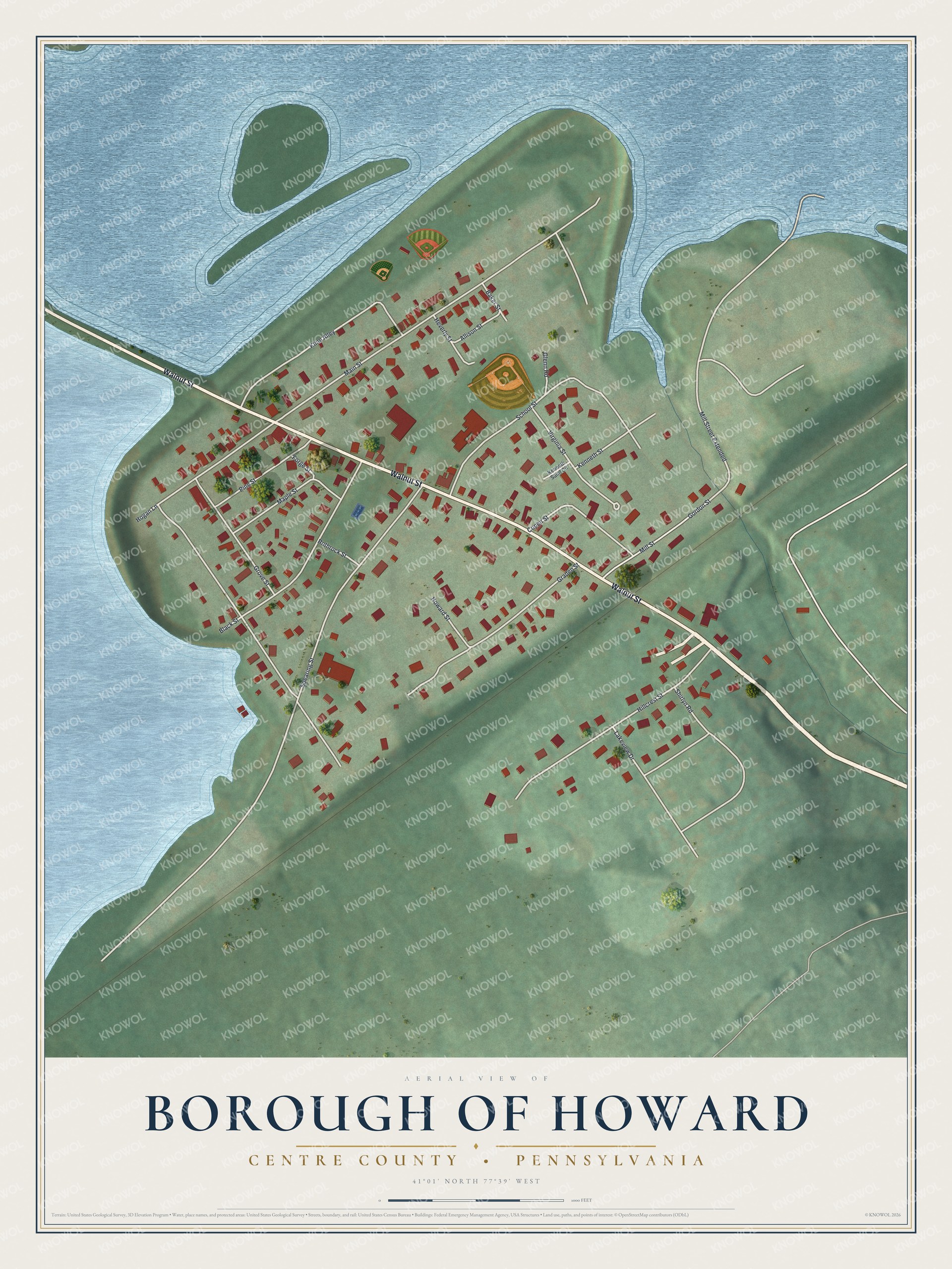 Full map of Howard Borough, Pennsylvania, with red buildings, printed street names and the land around them