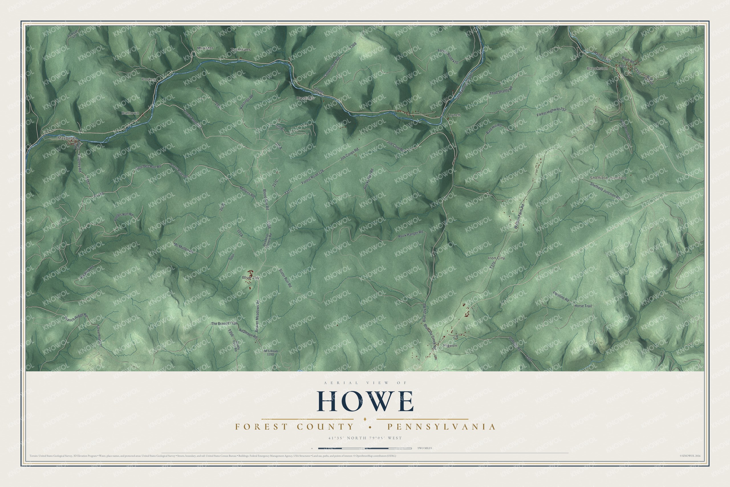 Full map of Howe, Forest County, Pennsylvania, with red buildings, printed street names and the land around them