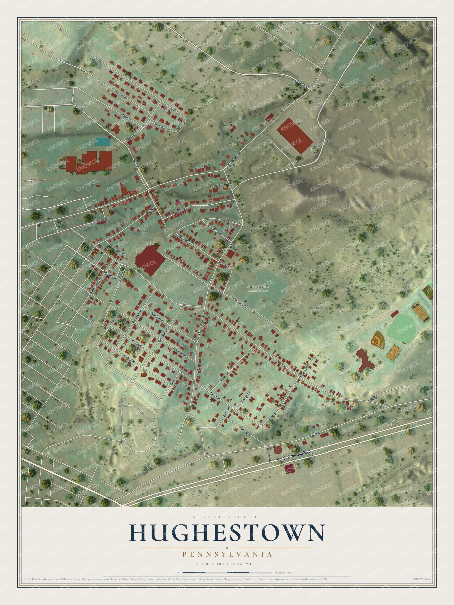 Full map of Hughestown, Pennsylvania, with red buildings, printed street names and the land around them