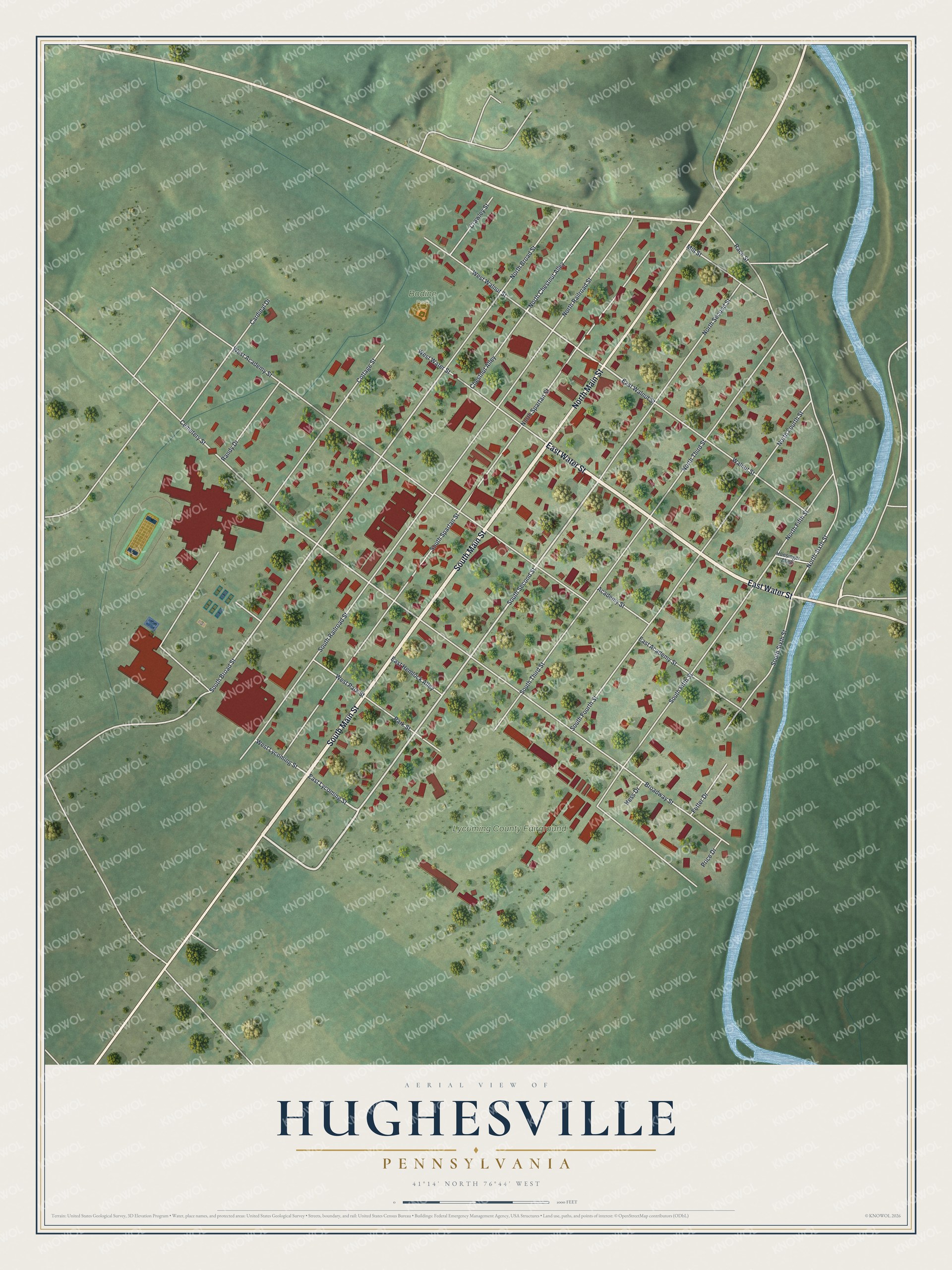 Full map of Hughesville, Pennsylvania, with red buildings, printed street names and the land around them