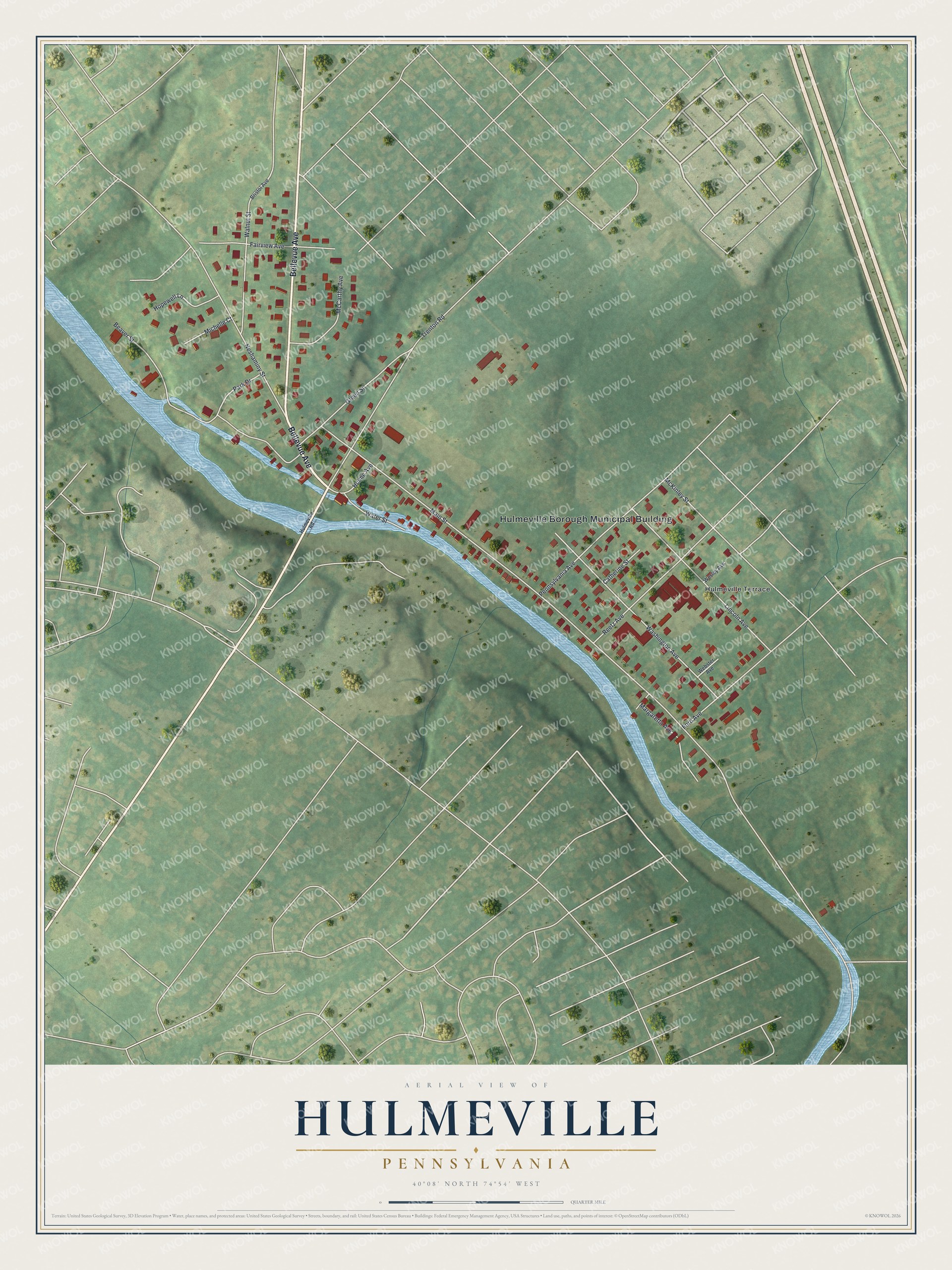 Full map of Hulmeville, Pennsylvania, with red buildings, printed street names and the land around them