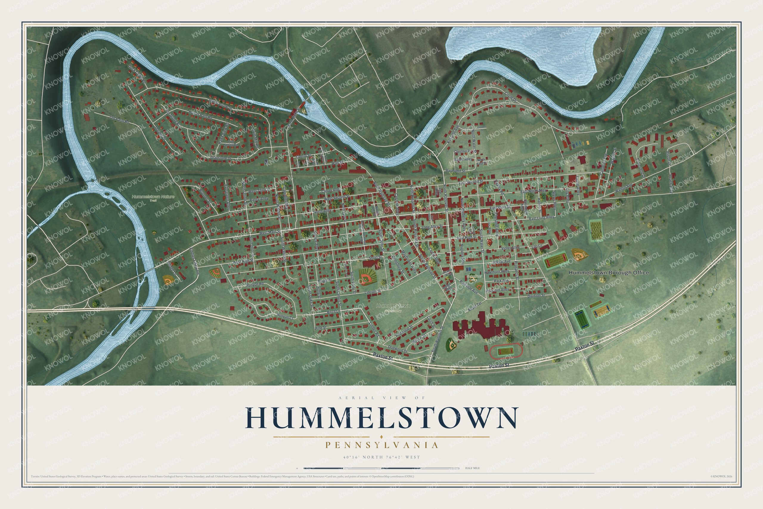 Full map of Hummelstown, Pennsylvania, with red buildings, printed street names and the land around them