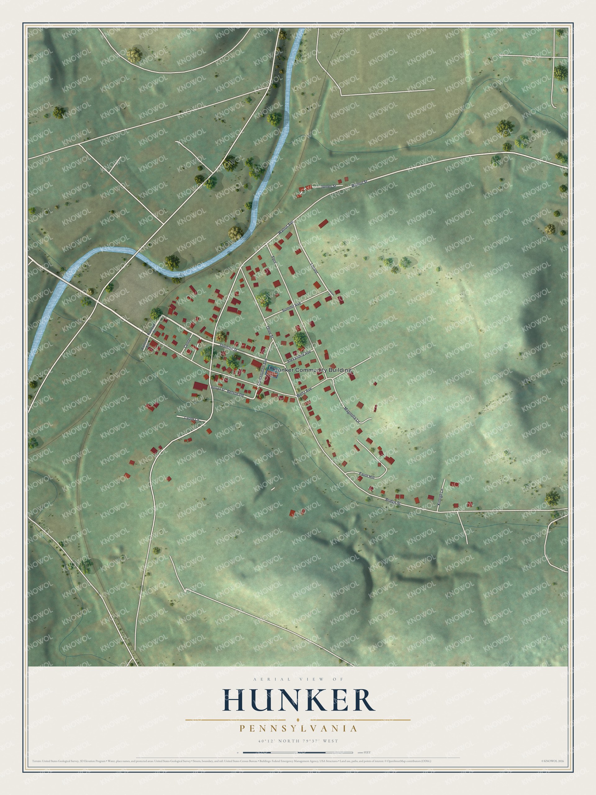 Full map of Hunker, Pennsylvania, with red buildings, printed street names and the land around them