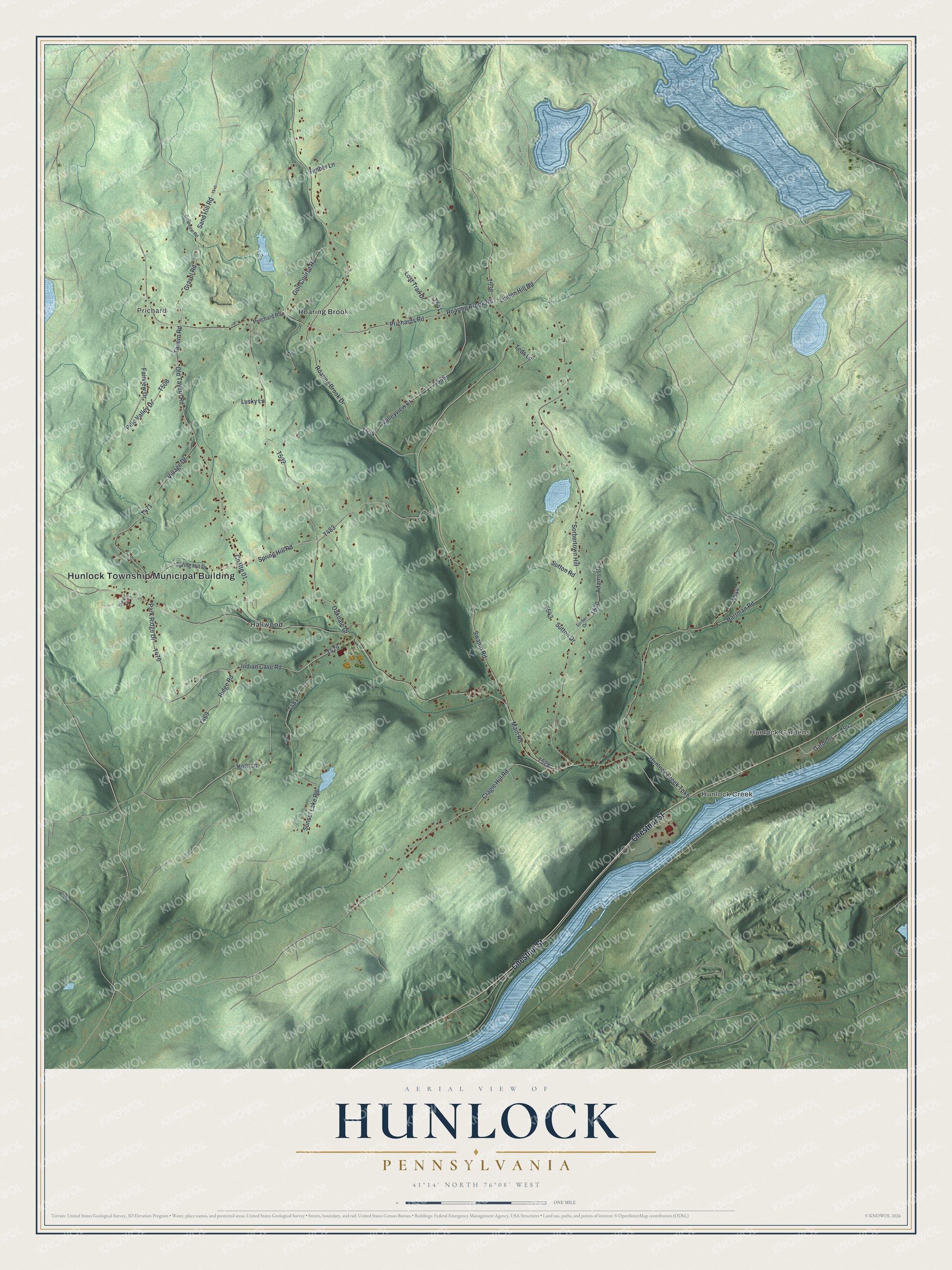 Full map of Hunlock, Pennsylvania, with red buildings, printed street names and the land around them