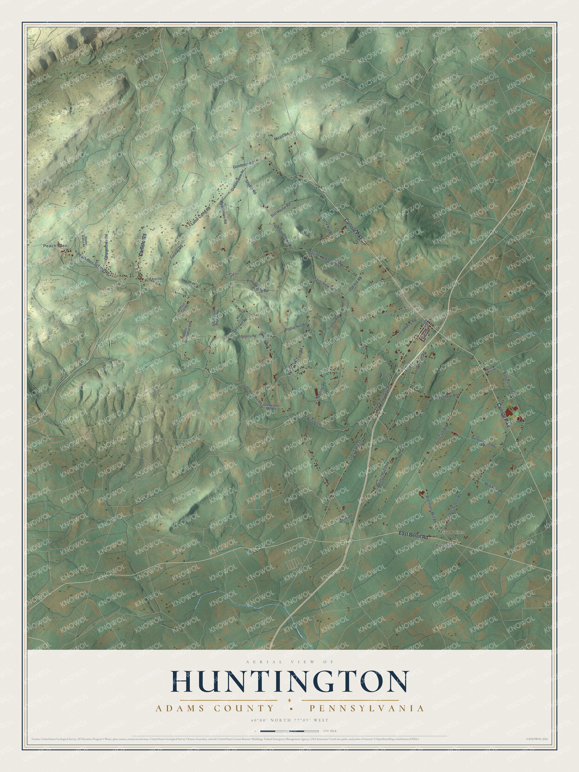 Full map of Huntington, Adams County, Pennsylvania, with red buildings, printed street names and the land around them