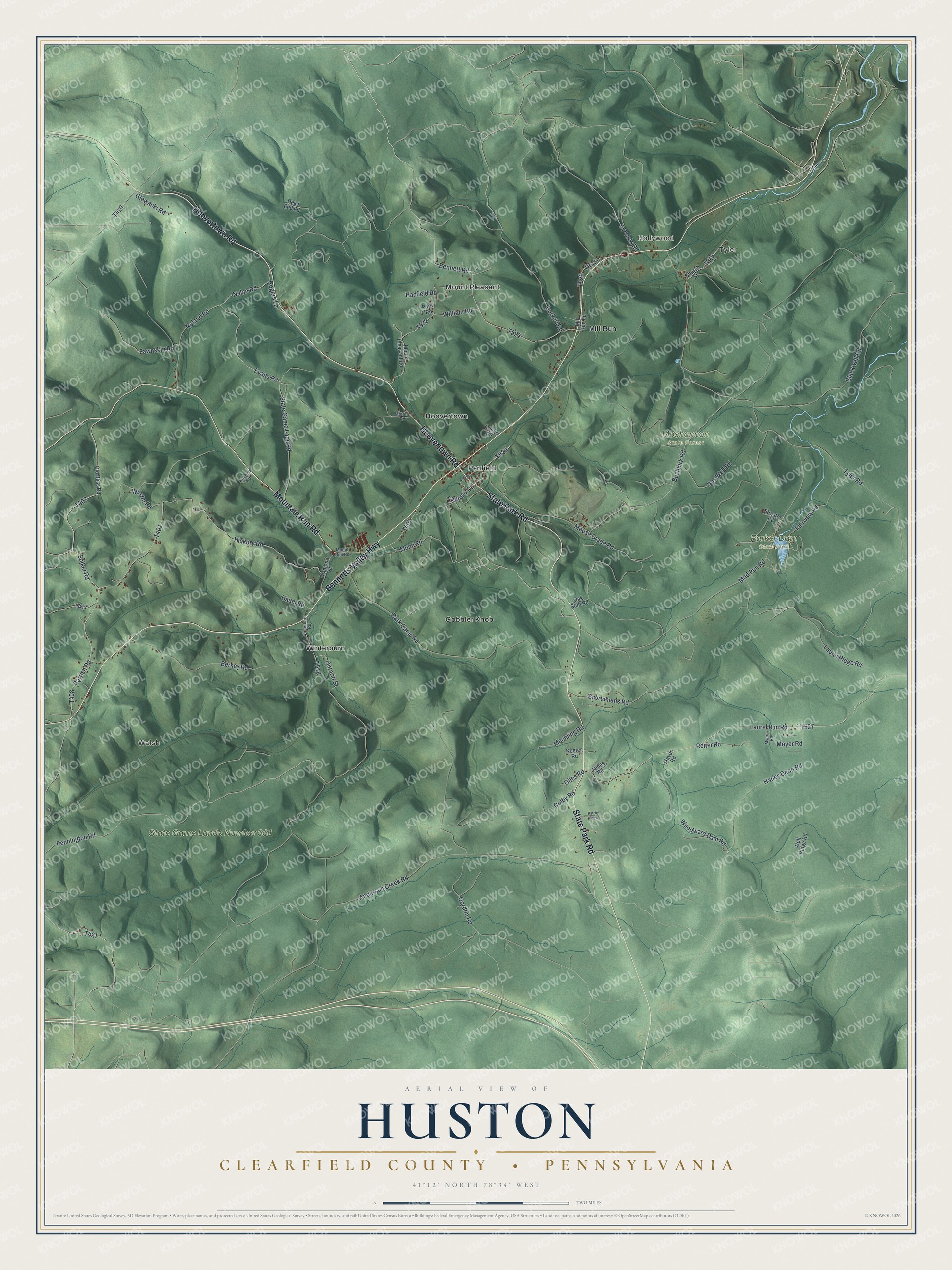 Full map of Huston, Clearfield County, Pennsylvania, with red buildings, printed street names and the land around them