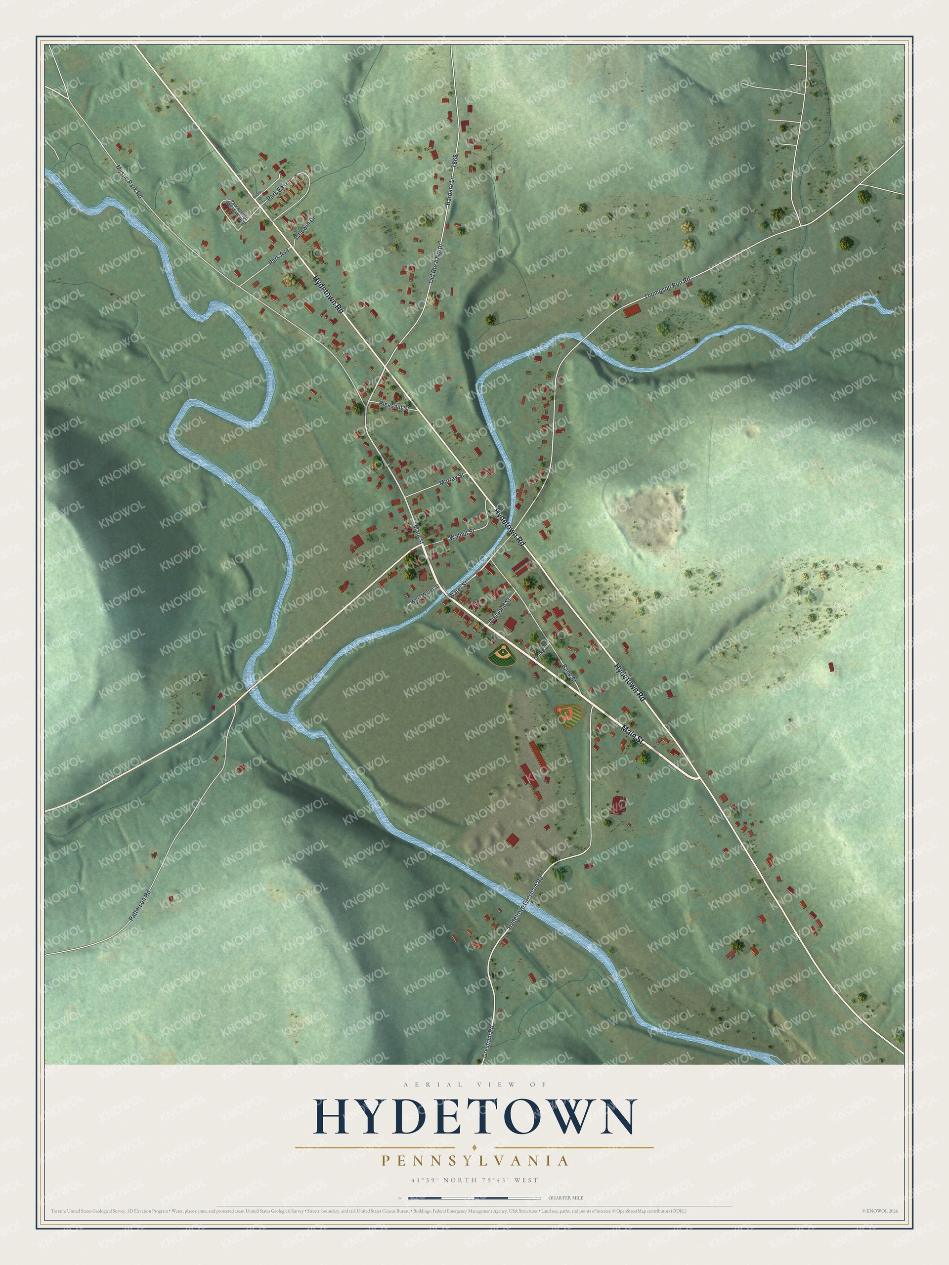 Full map of Hydetown, Pennsylvania, with red buildings, printed street names and the land around them