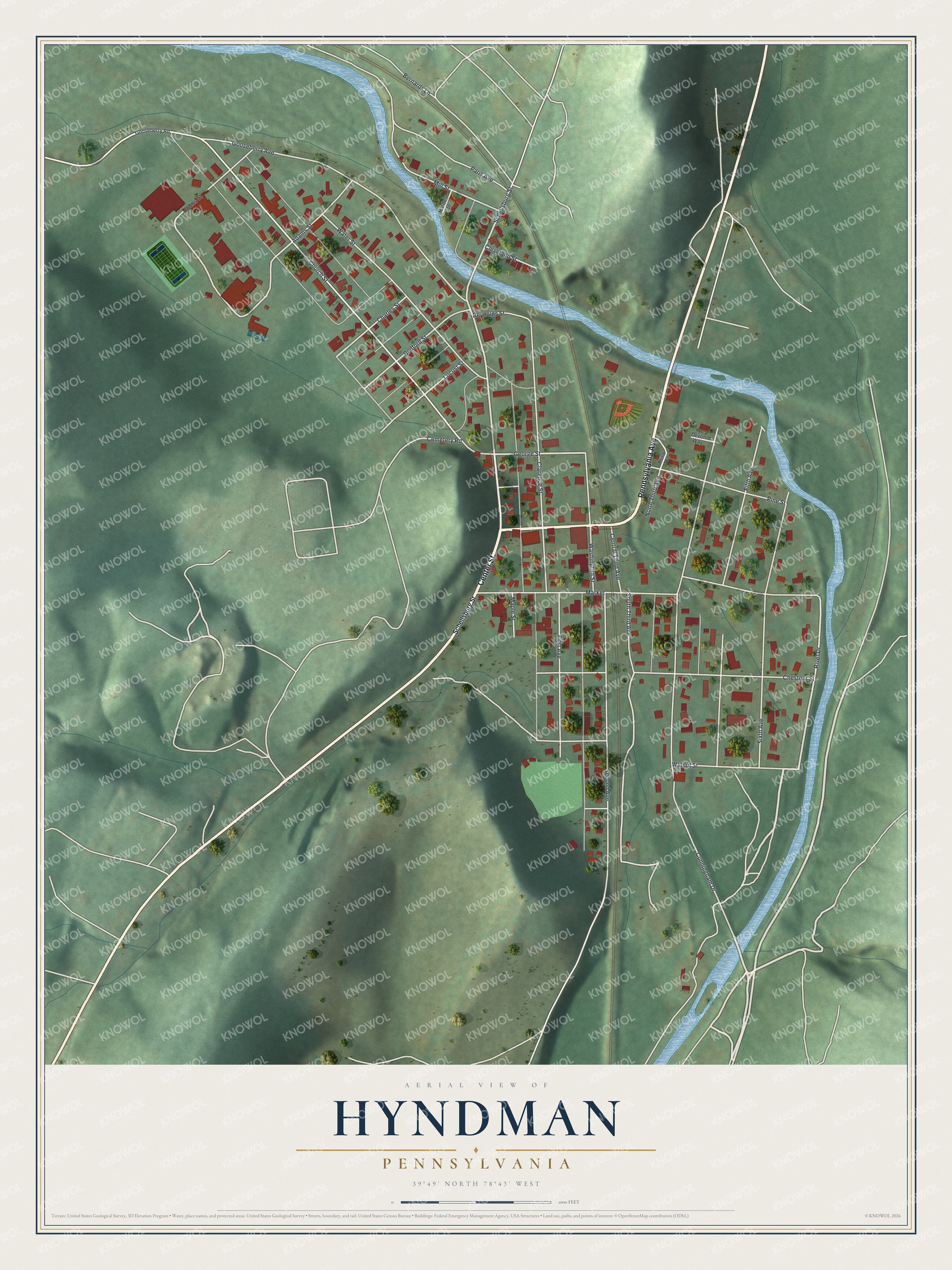 Full map of Hyndman, Pennsylvania, with red buildings, printed street names and the land around them
