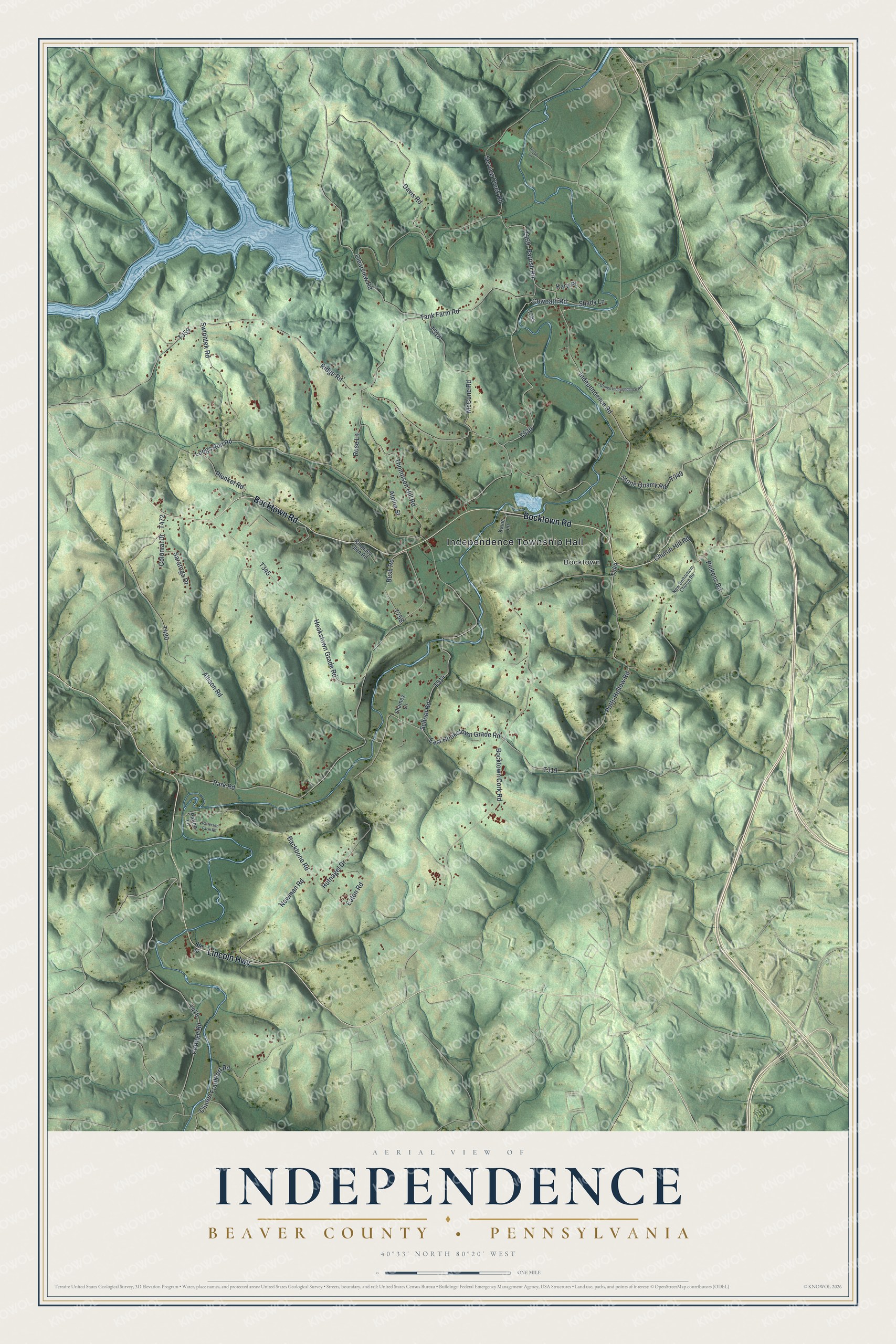 Full map of Independence, Beaver County, Pennsylvania, with red buildings, printed street names and the land around them