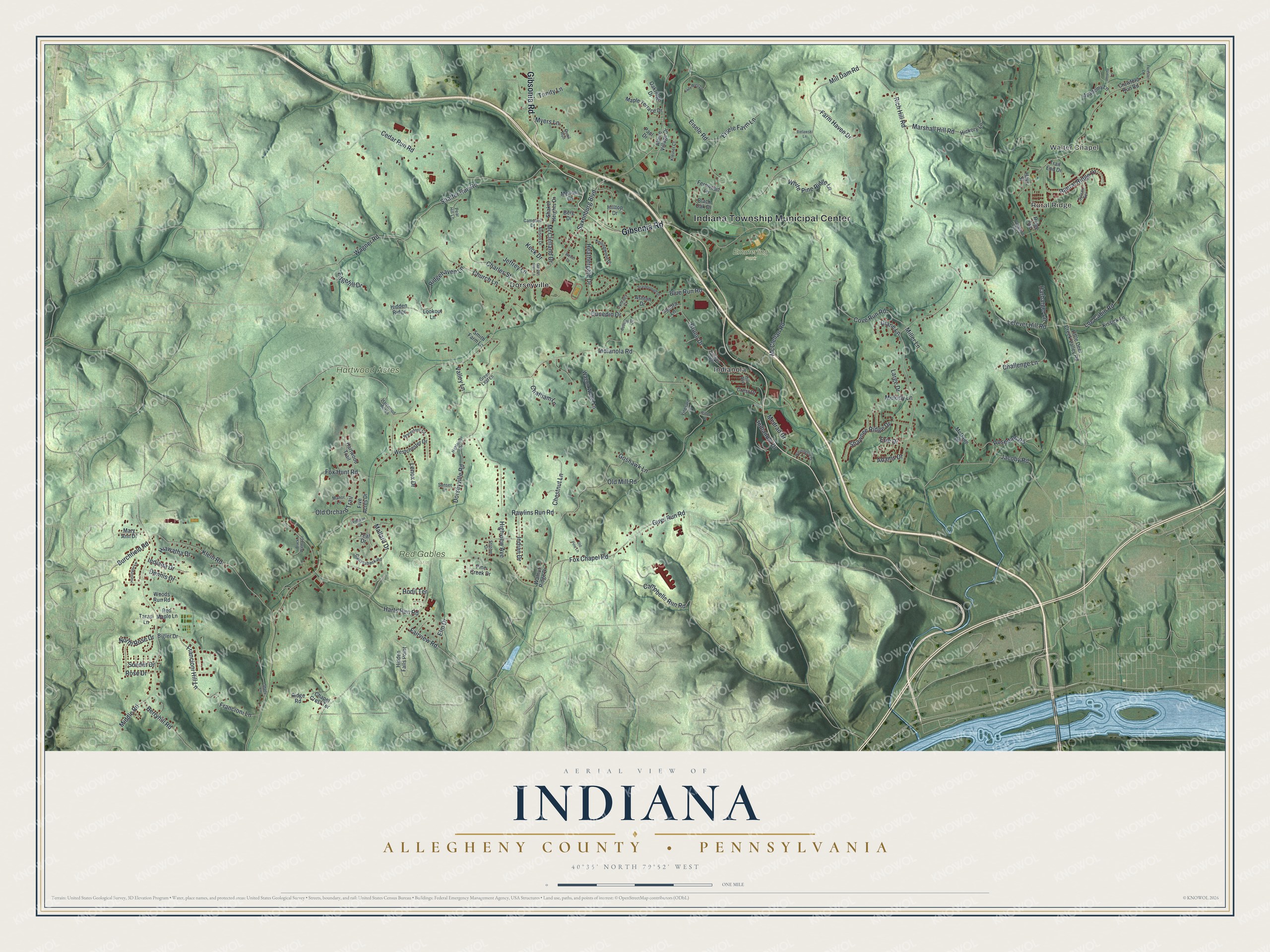 Full map of Indiana, Allegheny County, Pennsylvania, with red buildings, printed street names and the land around them