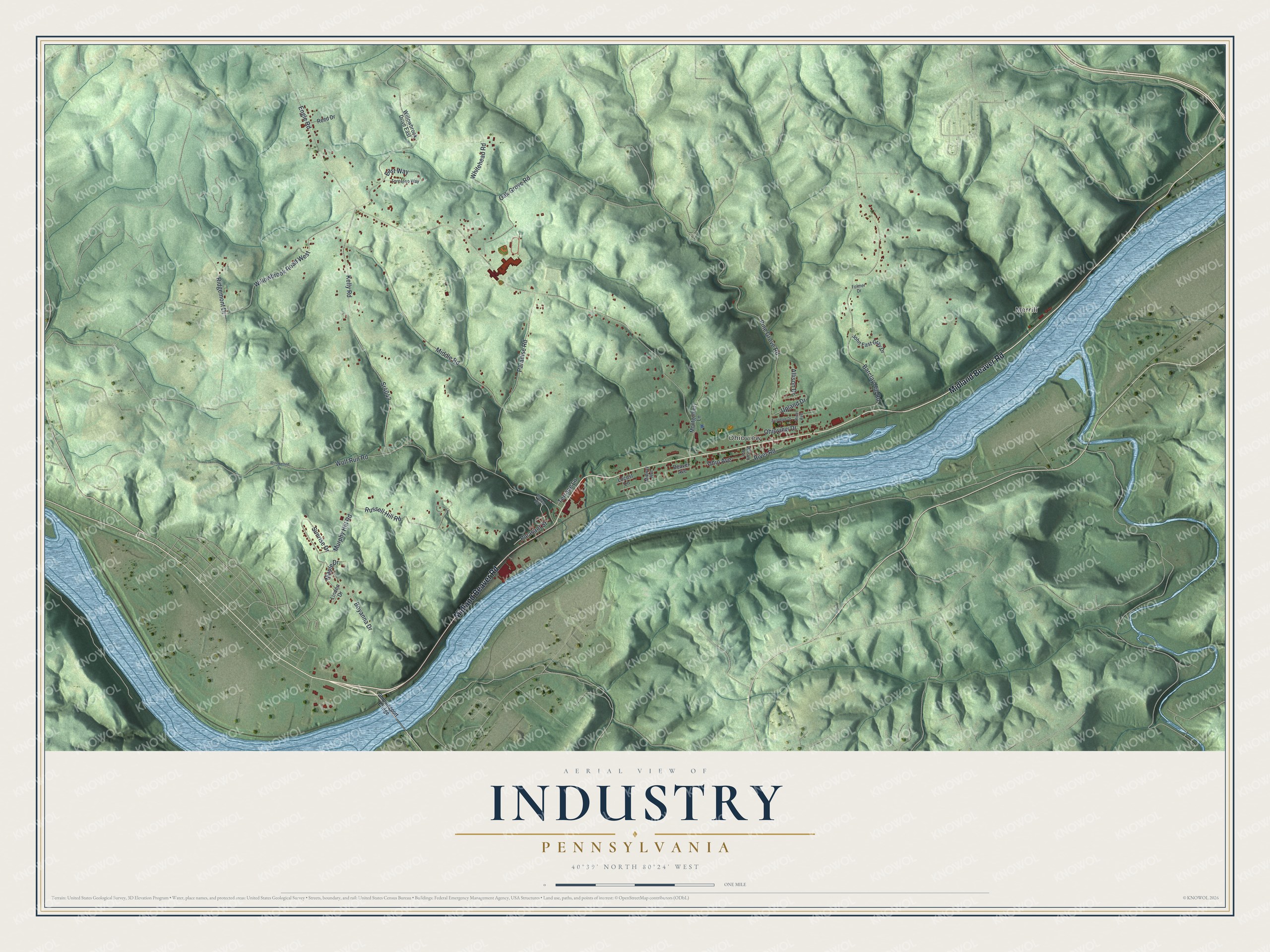 Full map of Industry, Pennsylvania, with red buildings, printed street names and the land around them