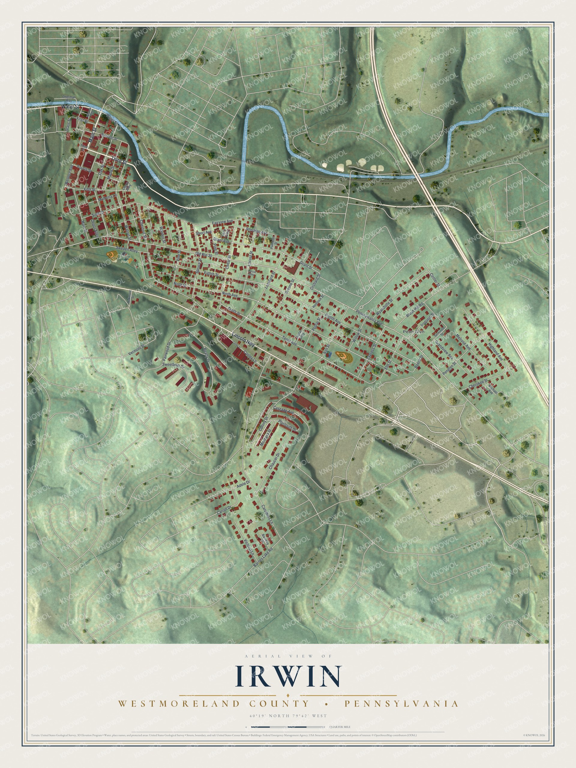 Full map of Irwin, Westmoreland County, Pennsylvania, with red buildings, printed street names and the land around them