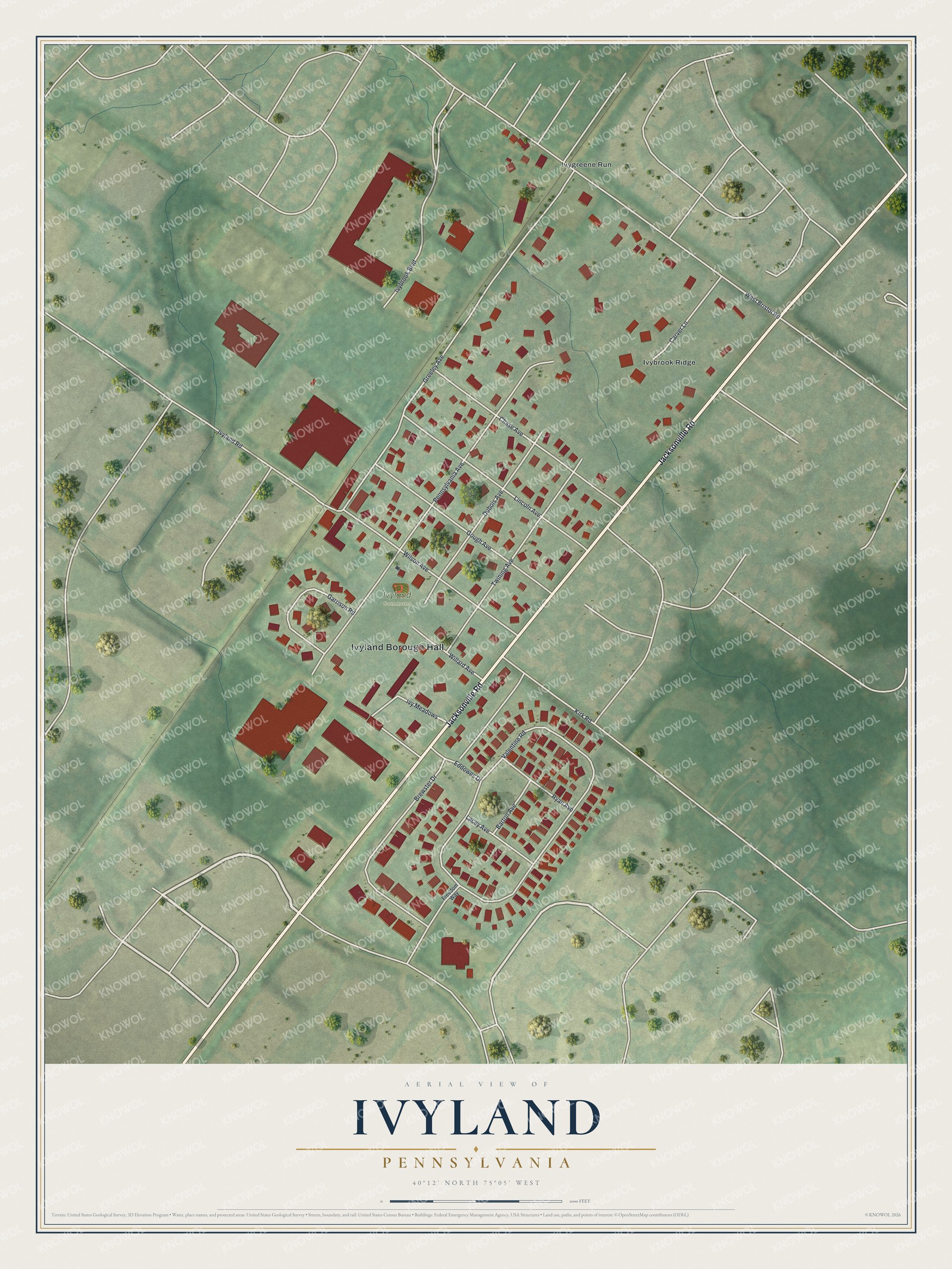 Full map of Ivyland, Pennsylvania, with red buildings, printed street names and the land around them