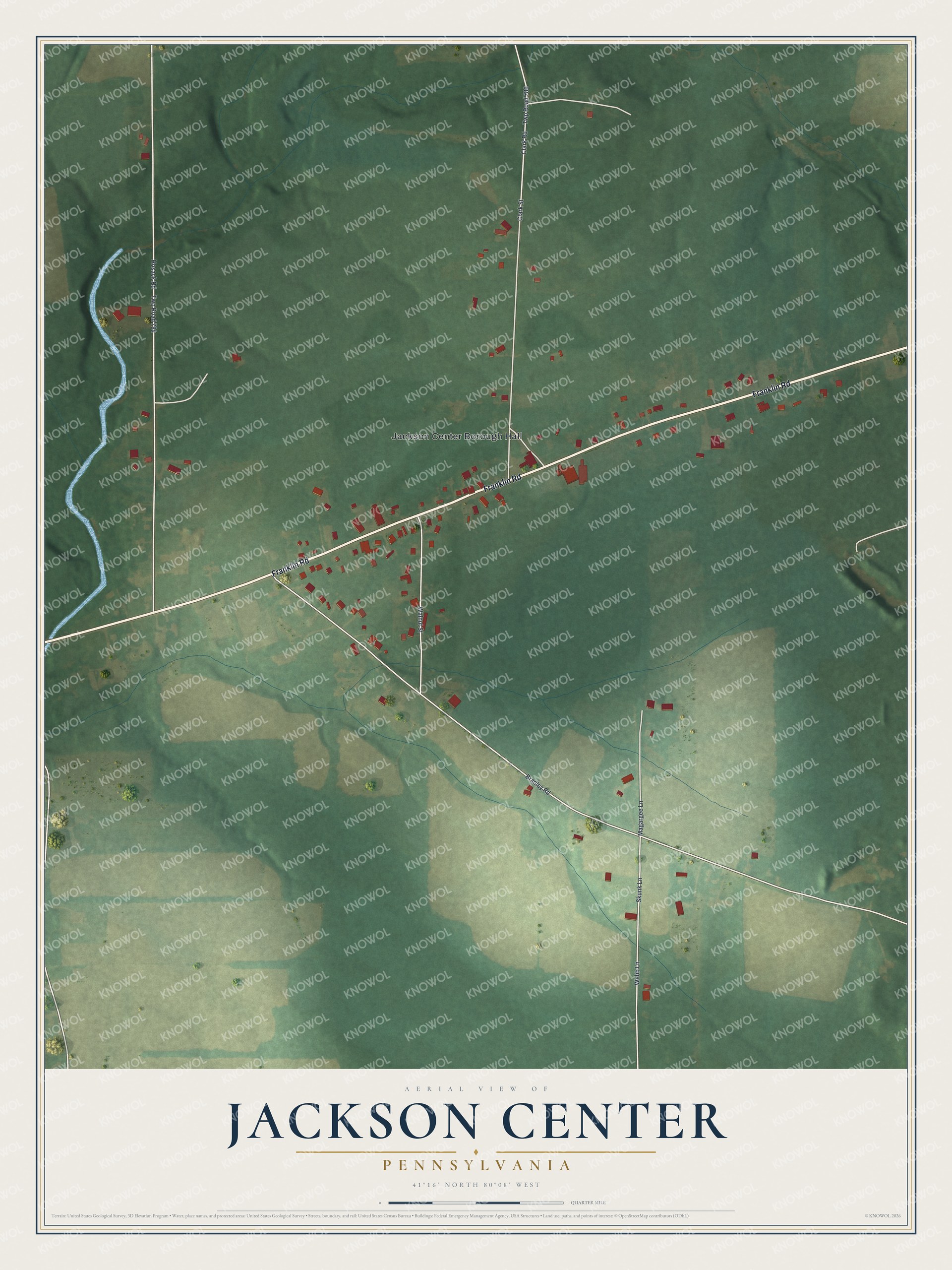 Full map of Jackson Center, Pennsylvania, with red buildings, printed street names and the land around them