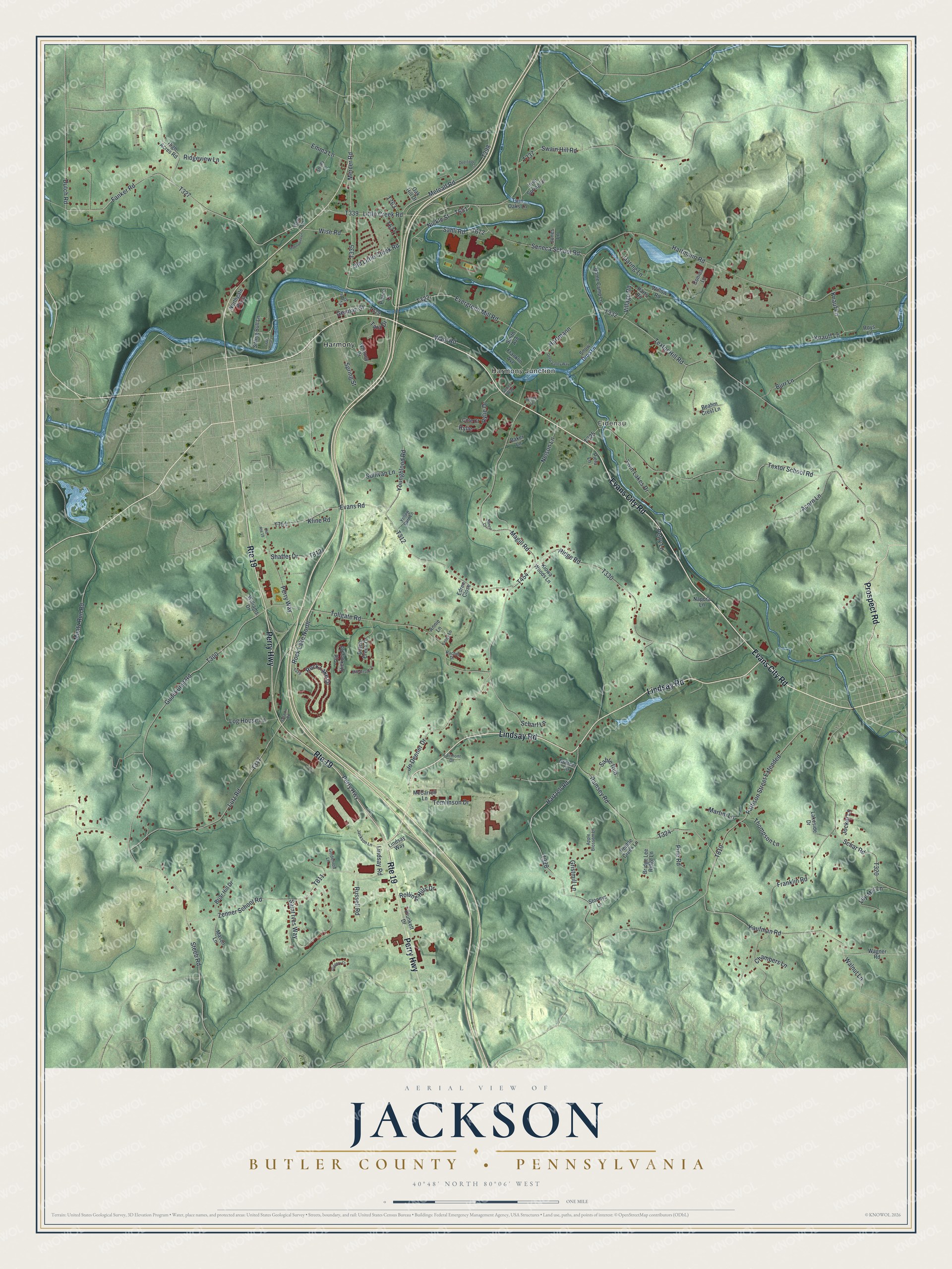 Full map of Jackson, Butler County, Pennsylvania, with red buildings, printed street names and the land around them