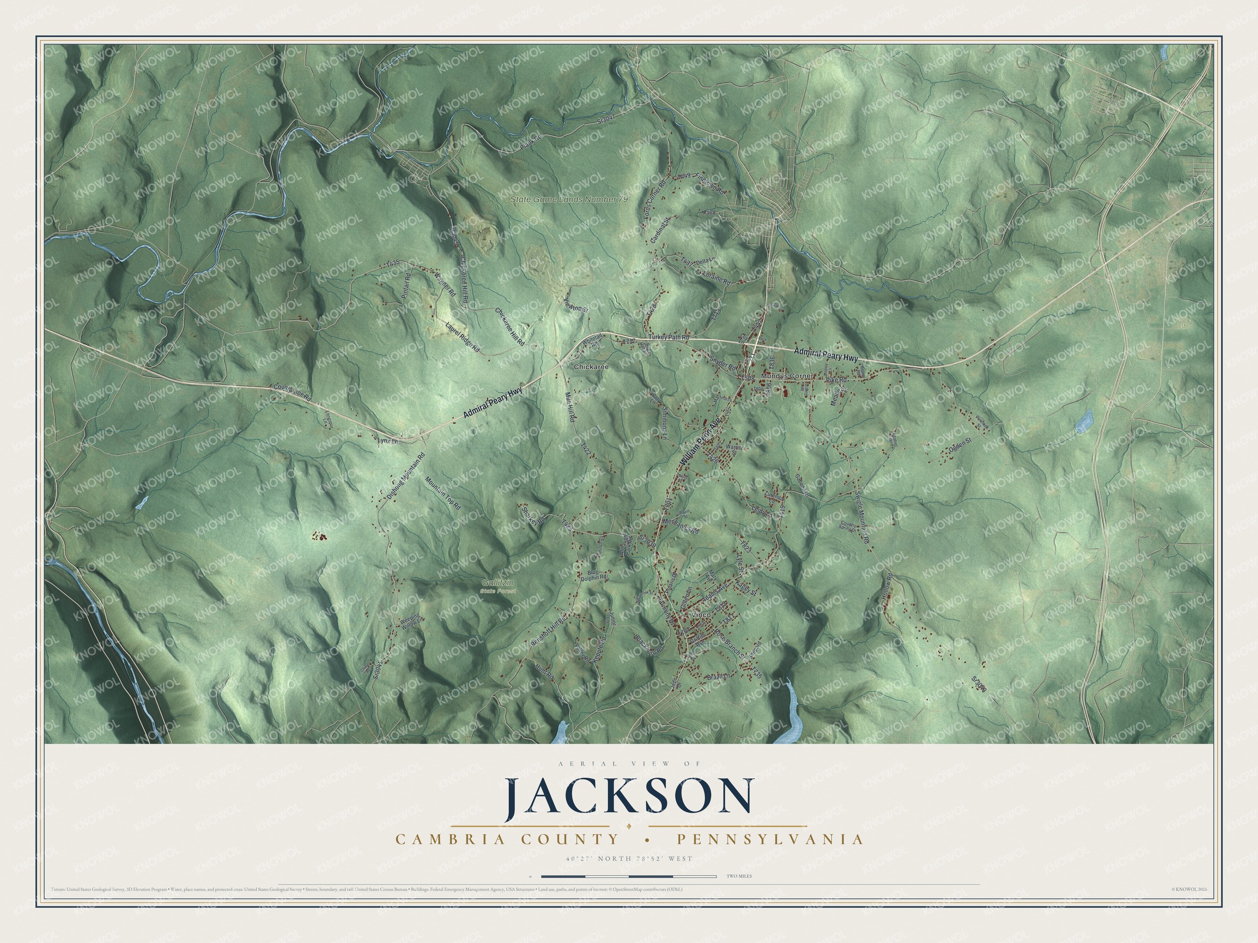 Full map of Jackson, Cambria County, Pennsylvania, with red buildings, printed street names and the land around them