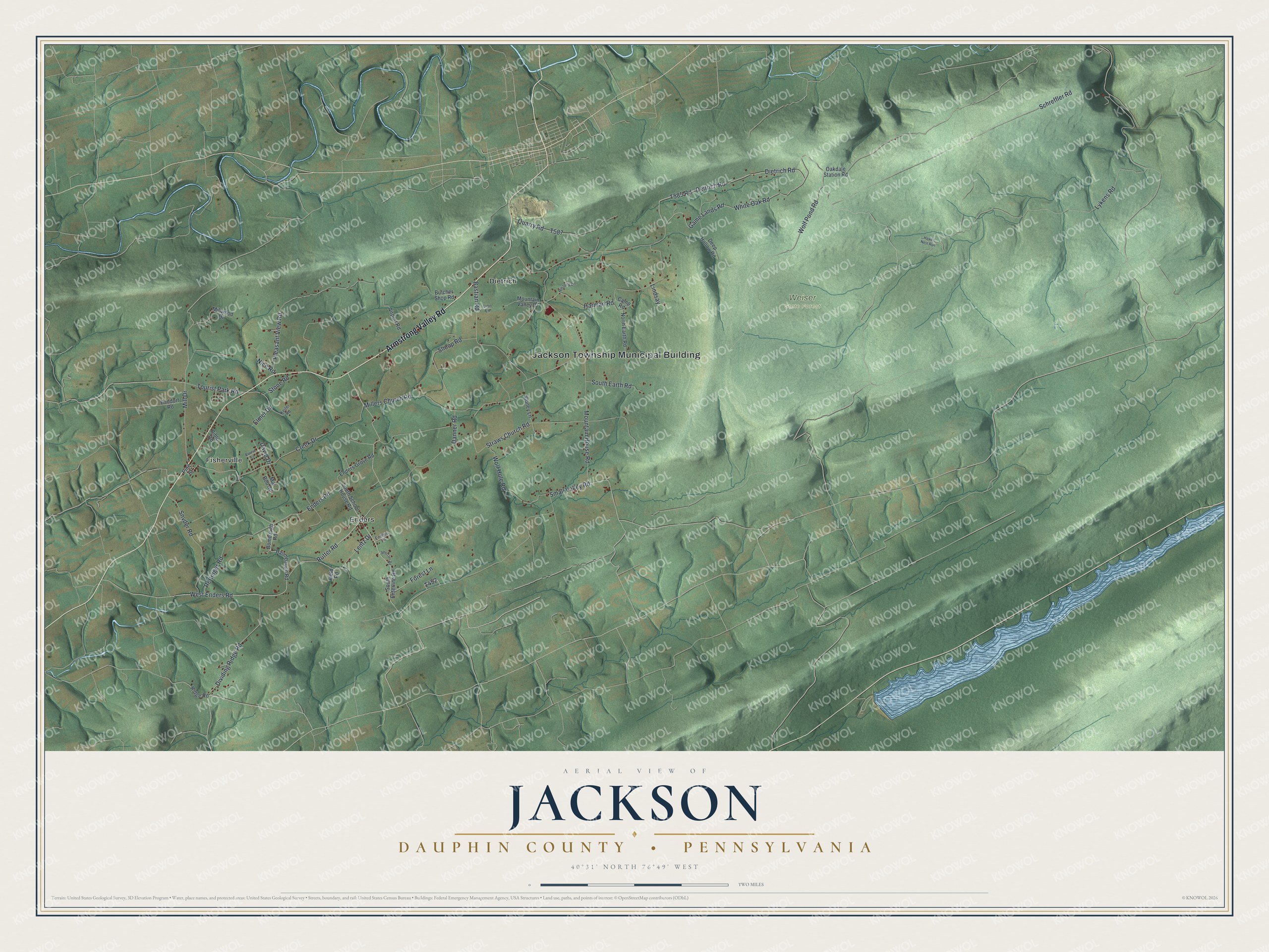 Full map of Jackson, Dauphin County, Pennsylvania, with red buildings, printed street names and the land around them