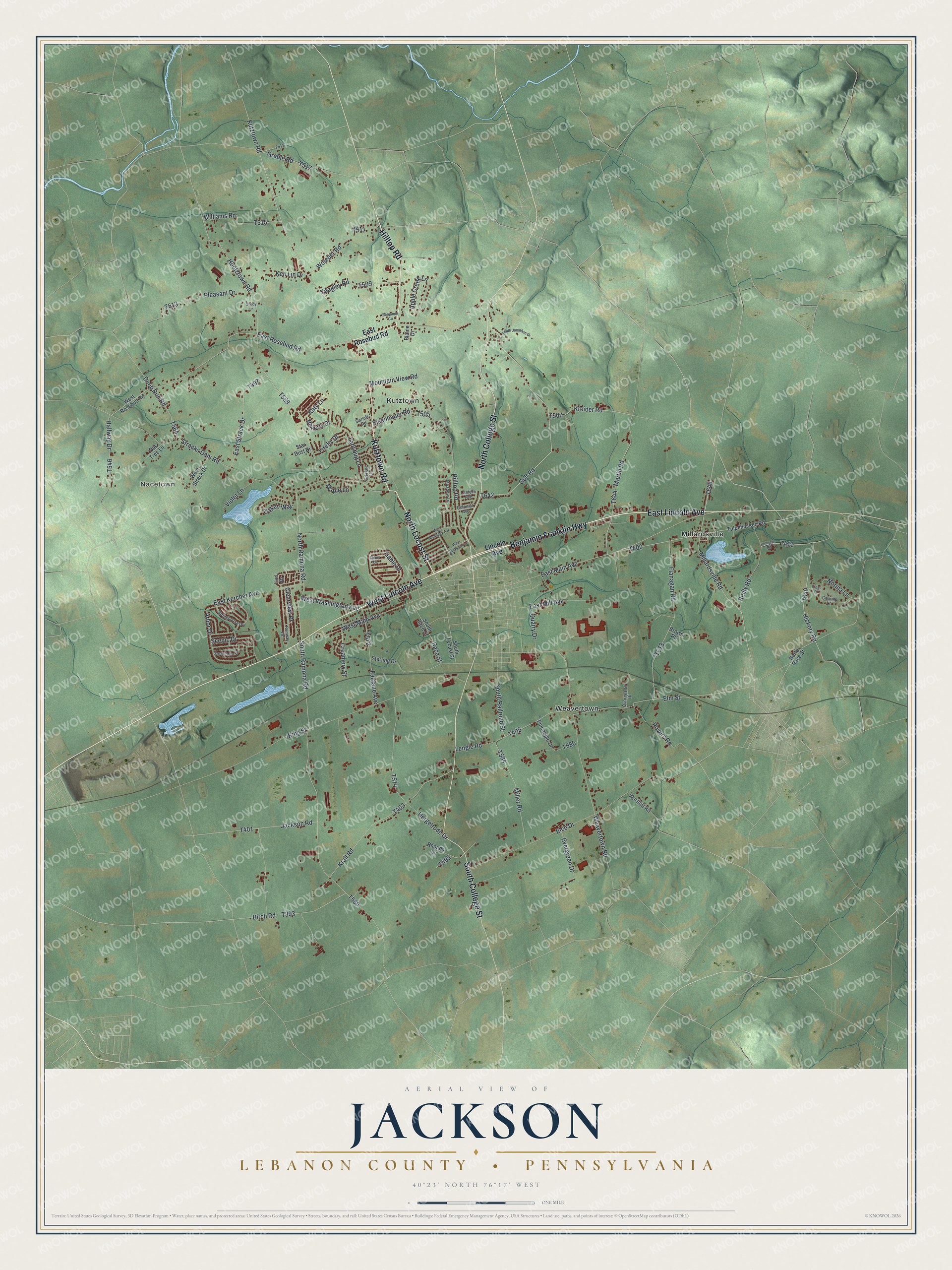 Full map of Jackson, Lebanon County, Pennsylvania, with red buildings, printed street names and the land around them