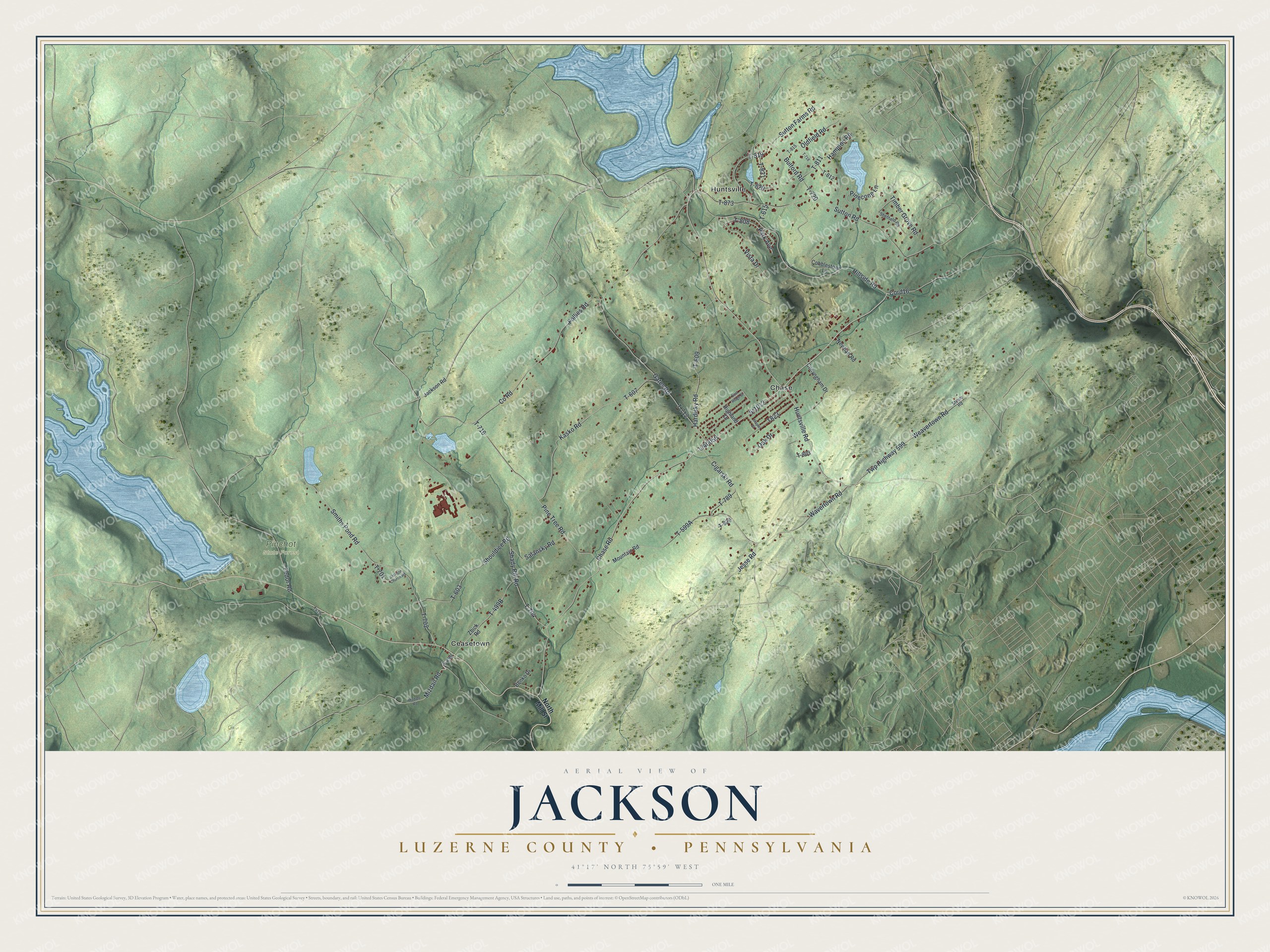 Full map of Jackson, Luzerne County, Pennsylvania, with red buildings, printed street names and the land around them