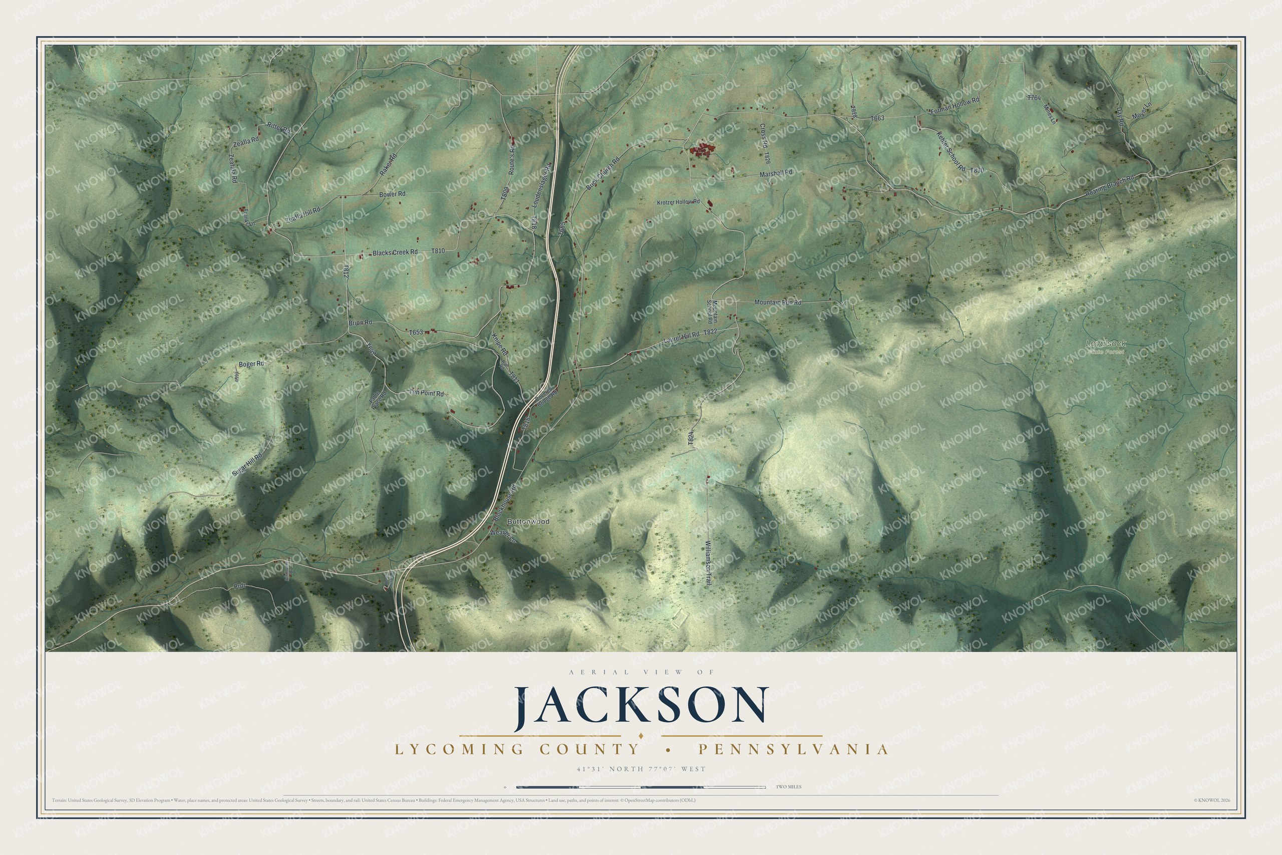 Full map of Jackson, Lycoming County, Pennsylvania, with red buildings, printed street names and the land around them