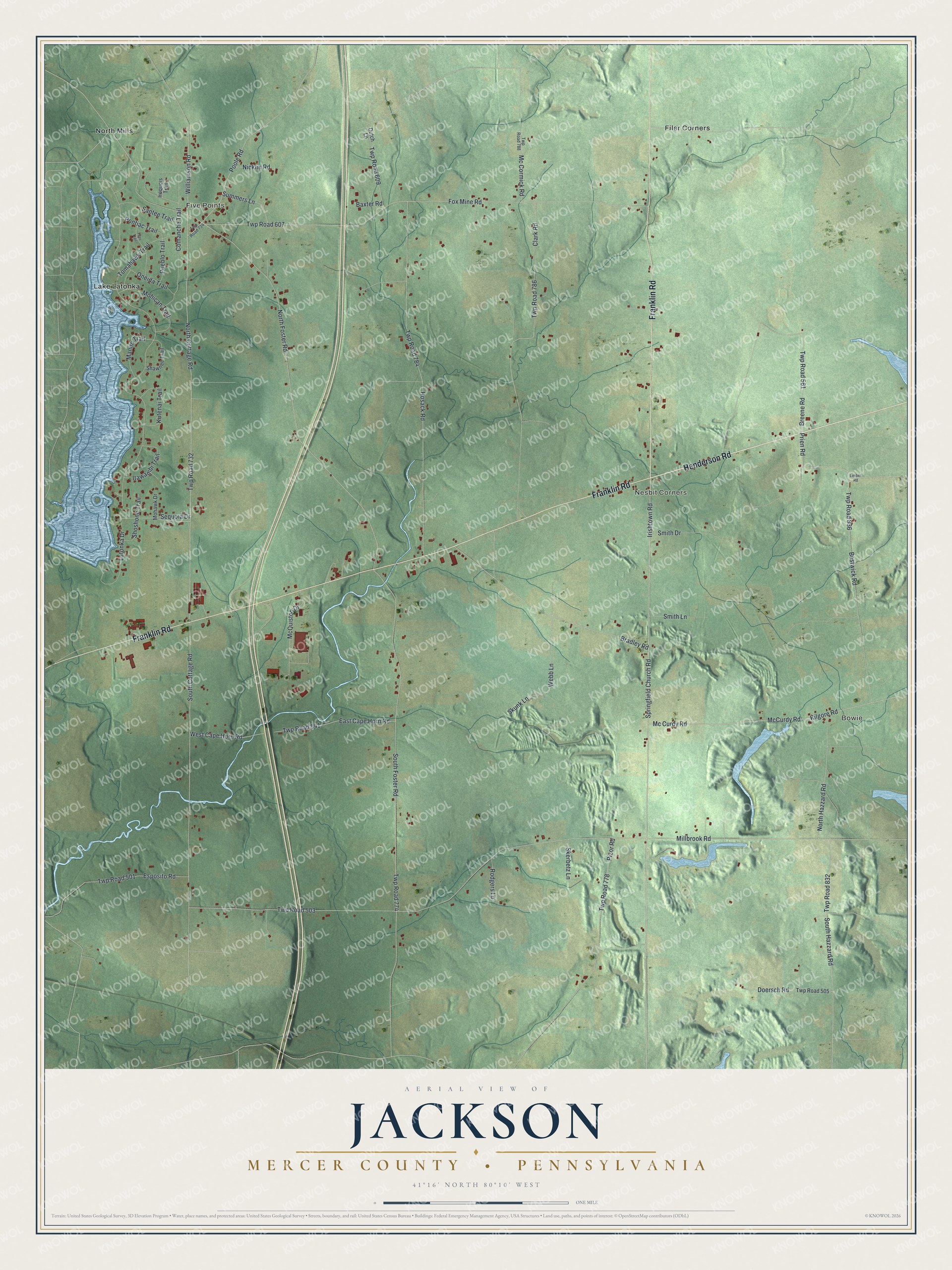 Full map of Jackson, Mercer County, Pennsylvania, with red buildings, printed street names and the land around them