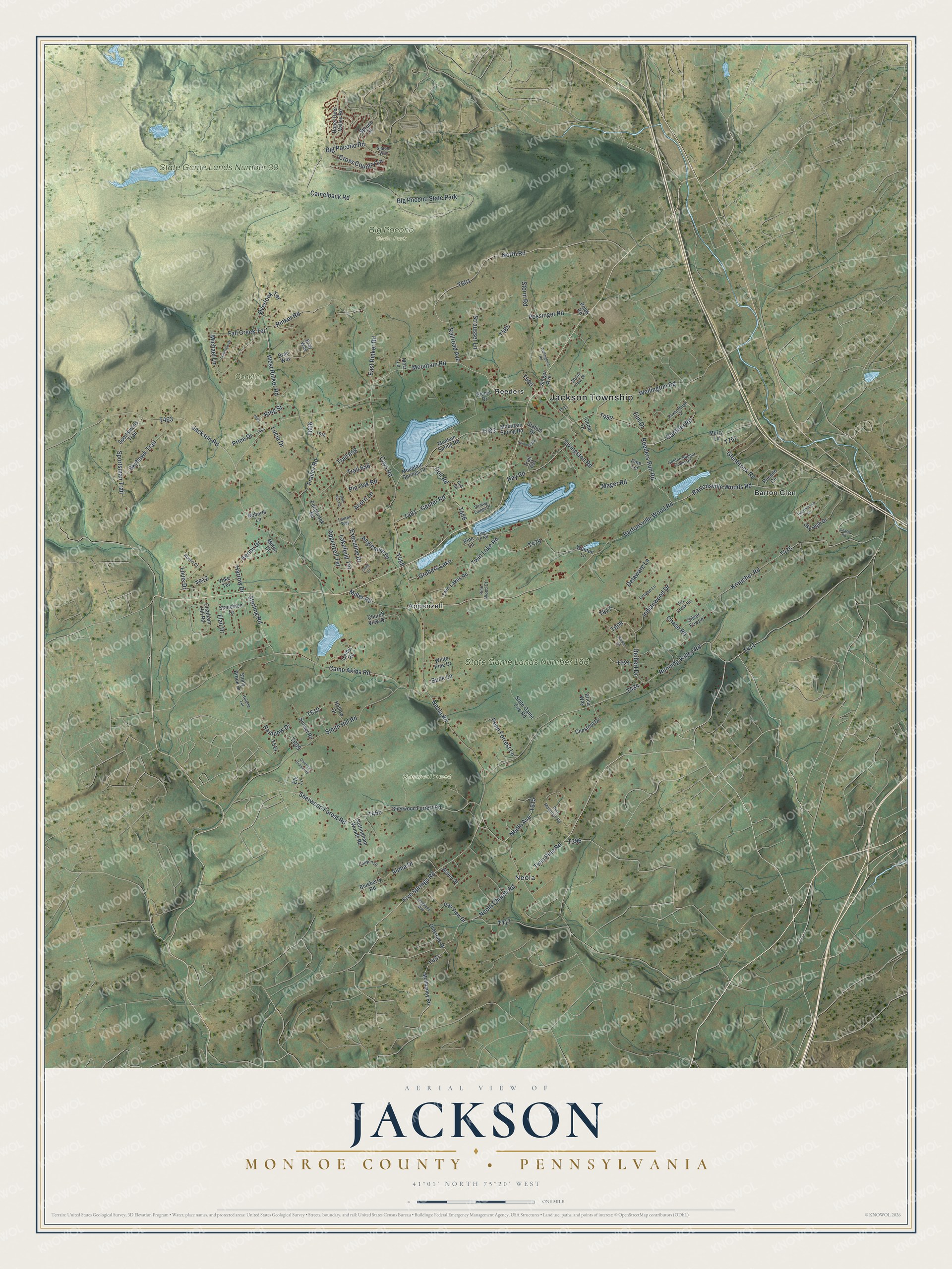 Full map of Jackson, Monroe County, Pennsylvania, with red buildings, printed street names and the land around them