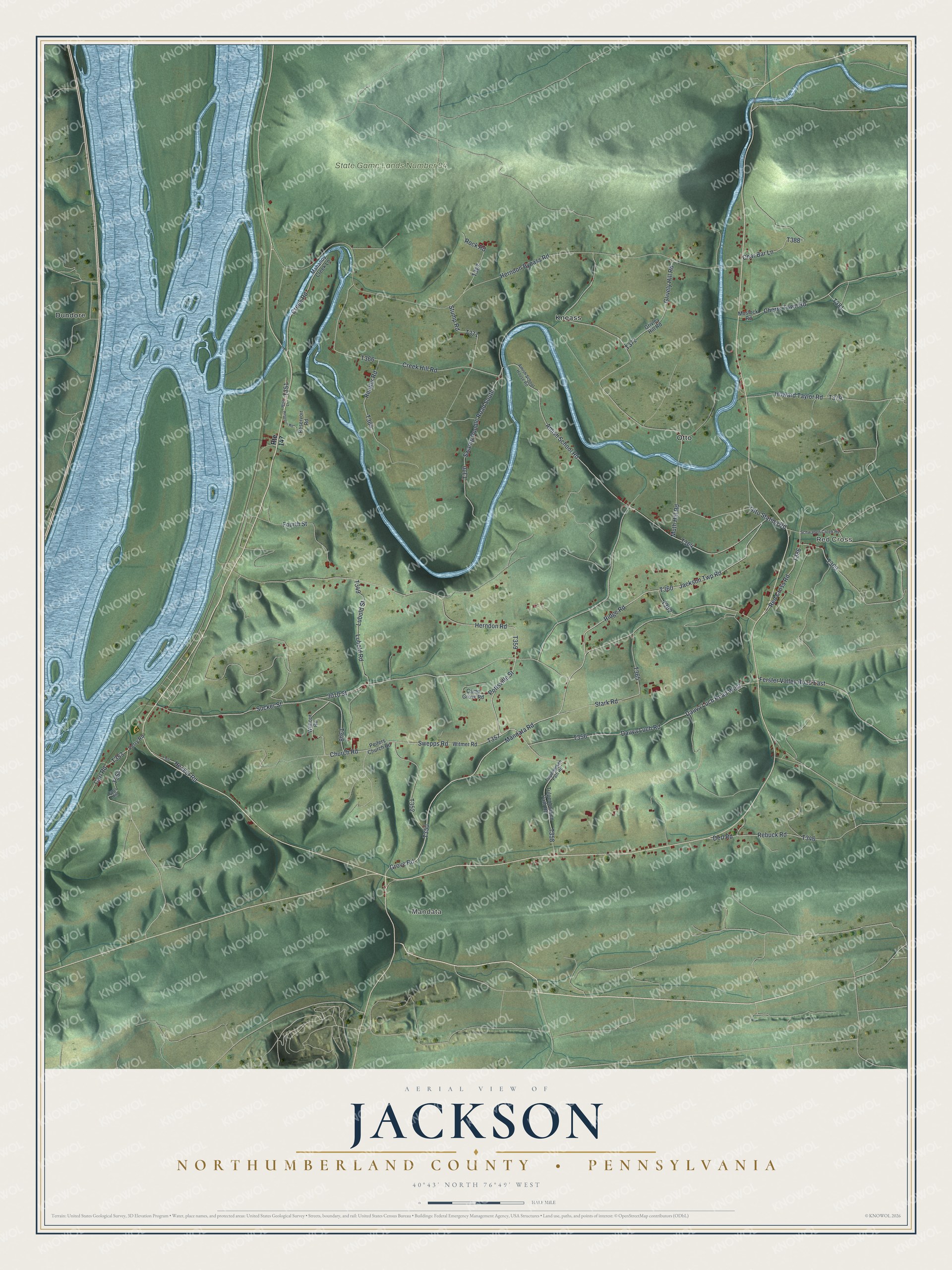Full map of Jackson, Northumberland County, Pennsylvania, with red buildings, printed street names and the land around them