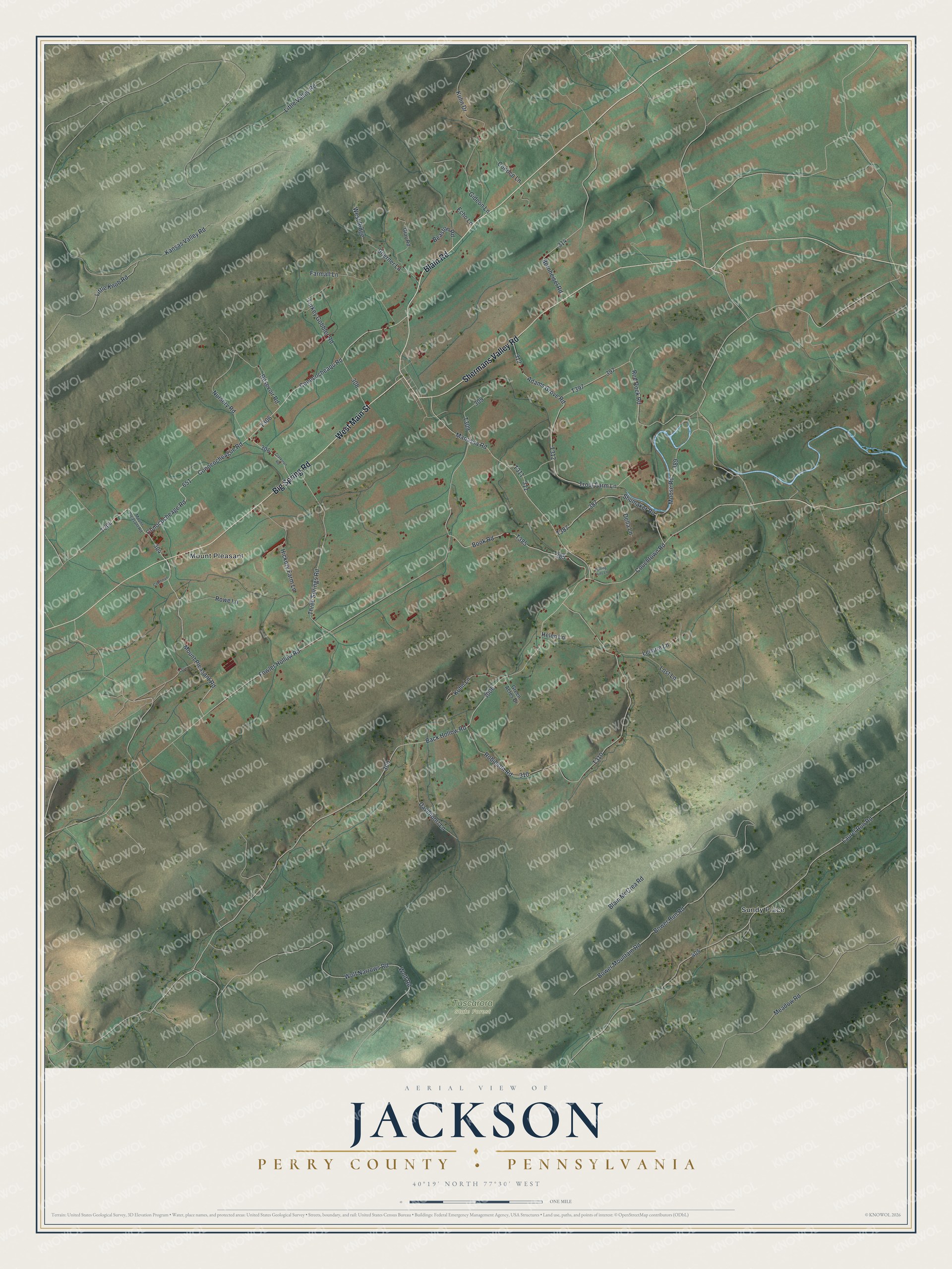 Full map of Jackson, Perry County, Pennsylvania, with red buildings, printed street names and the land around them
