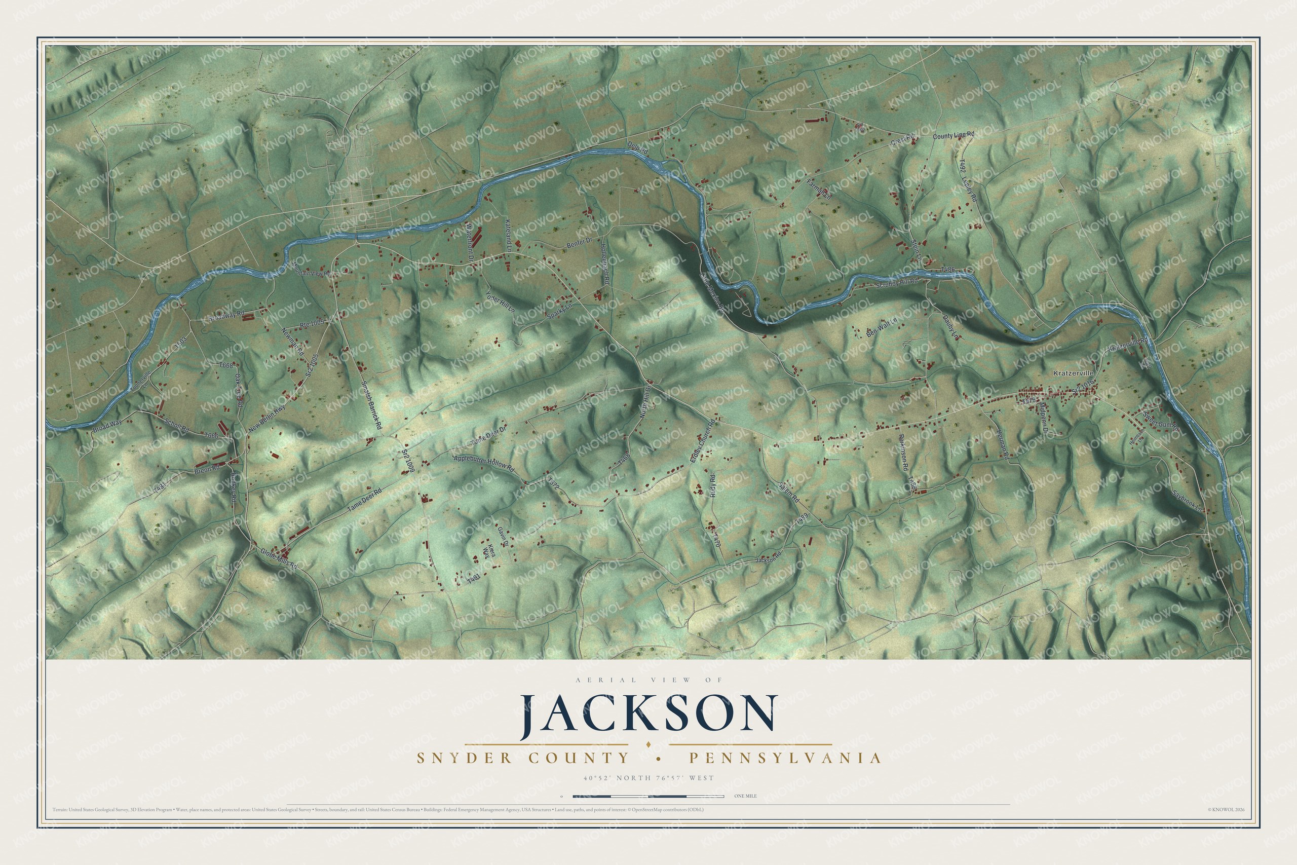 Full Jackson map preview showing green hills, winding blue waterways, red buildings, and Kratzerville above a cream title panel