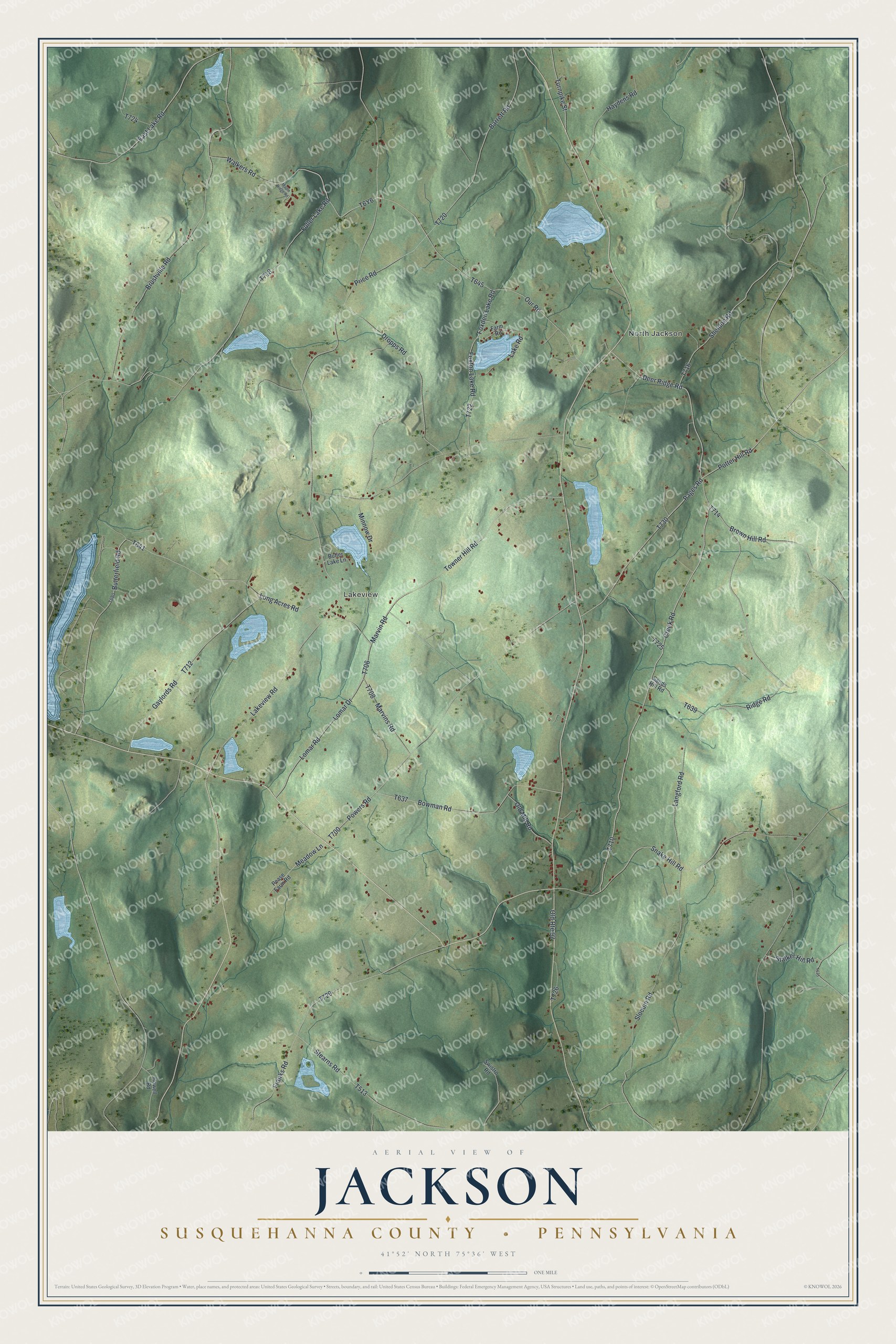 Full map of Jackson, Susquehanna County, Pennsylvania, with red buildings, printed street names and the land around them
