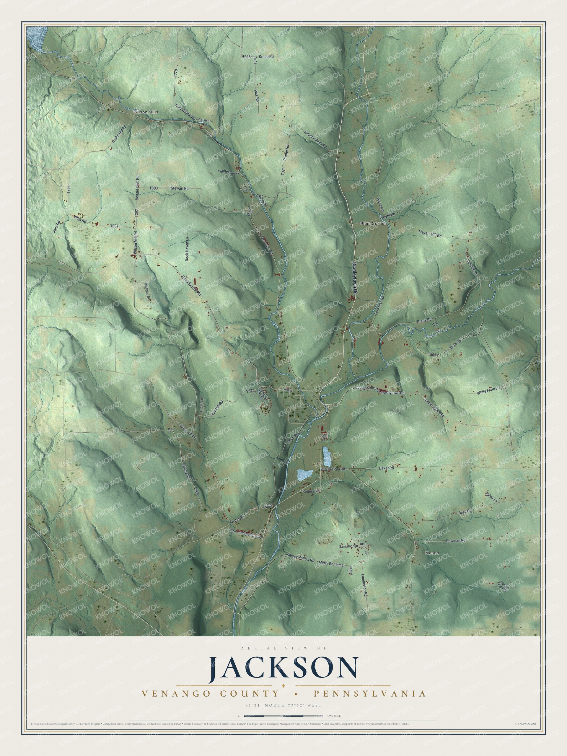 Full map of Jackson, Venango County, Pennsylvania, with red buildings, printed street names and the land around them